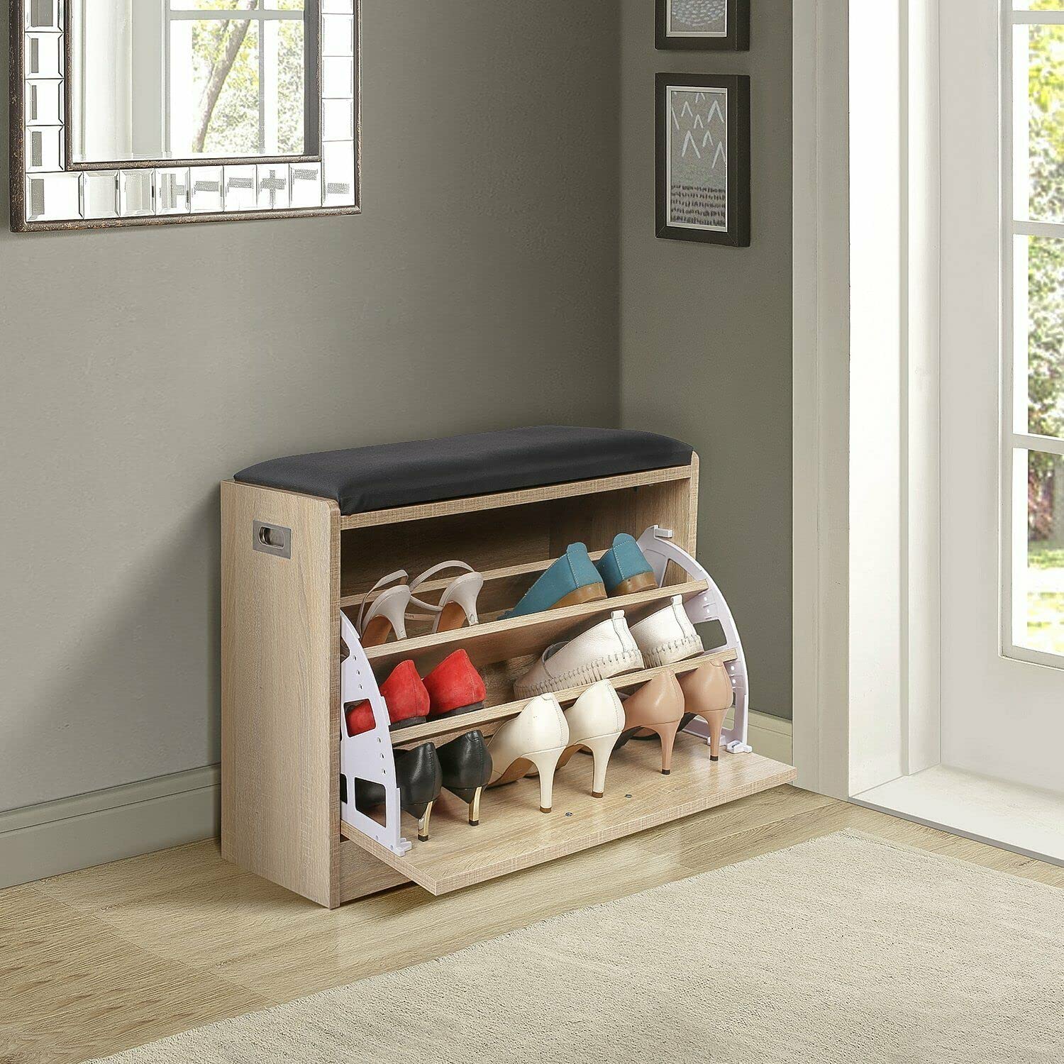 White Shoe Storage Bench with Cushioned Seat - 3-Tier Shoe Rack Organizer & Entryway Storage Chest - Perfect for Mudroom, Closet, or Bedroom Shoe Organization