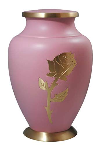 Elegant Blush Pink Brass Cremation Urn with Rose Engravings - Handcrafted Memorial Urn with Golden Accents for Human Ashes (10.75 Inch) - Perfect for Funeral Services, Burial Ceremonies & Memorial Keepsakes
