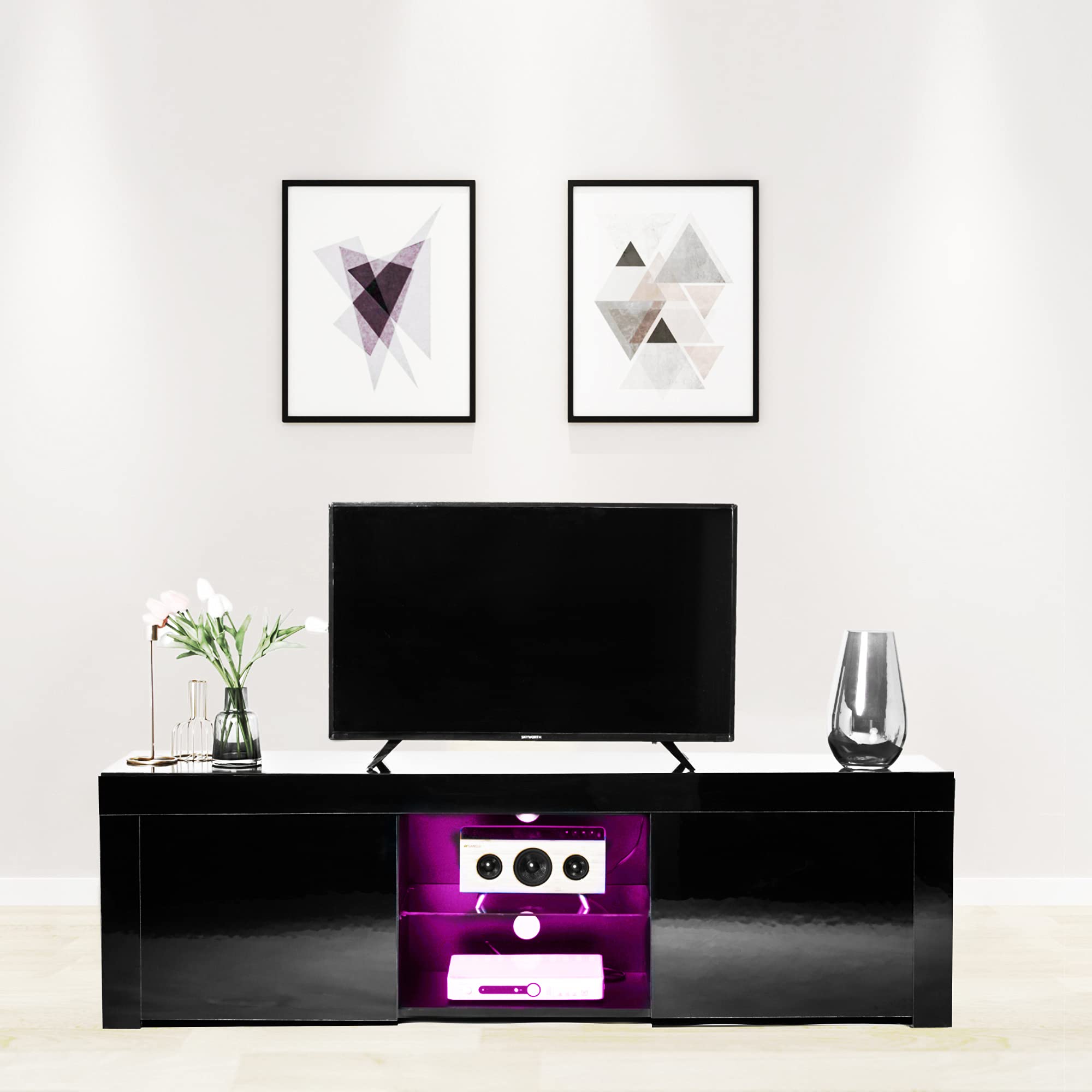 59 Inch Modern TV Stand with LED Lights & Storage - High-Gloss Entertainment Center with Remote Control, Drawers & Open Shelves for Living Room, Lounge - Black (51