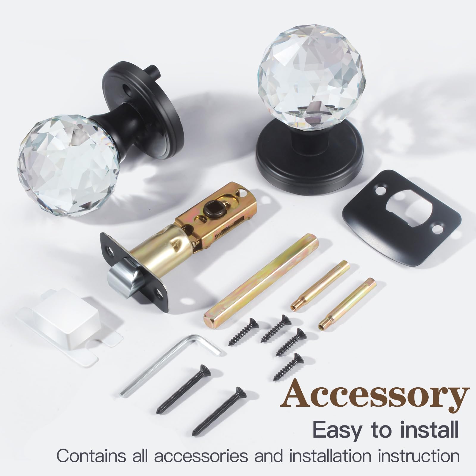 Premium Matte Black Crystal Glass Door Knobs - Interior Passage Set for Hallway, Closet & Bedroom Doors - Elegant Hardware for Modern Home Decor