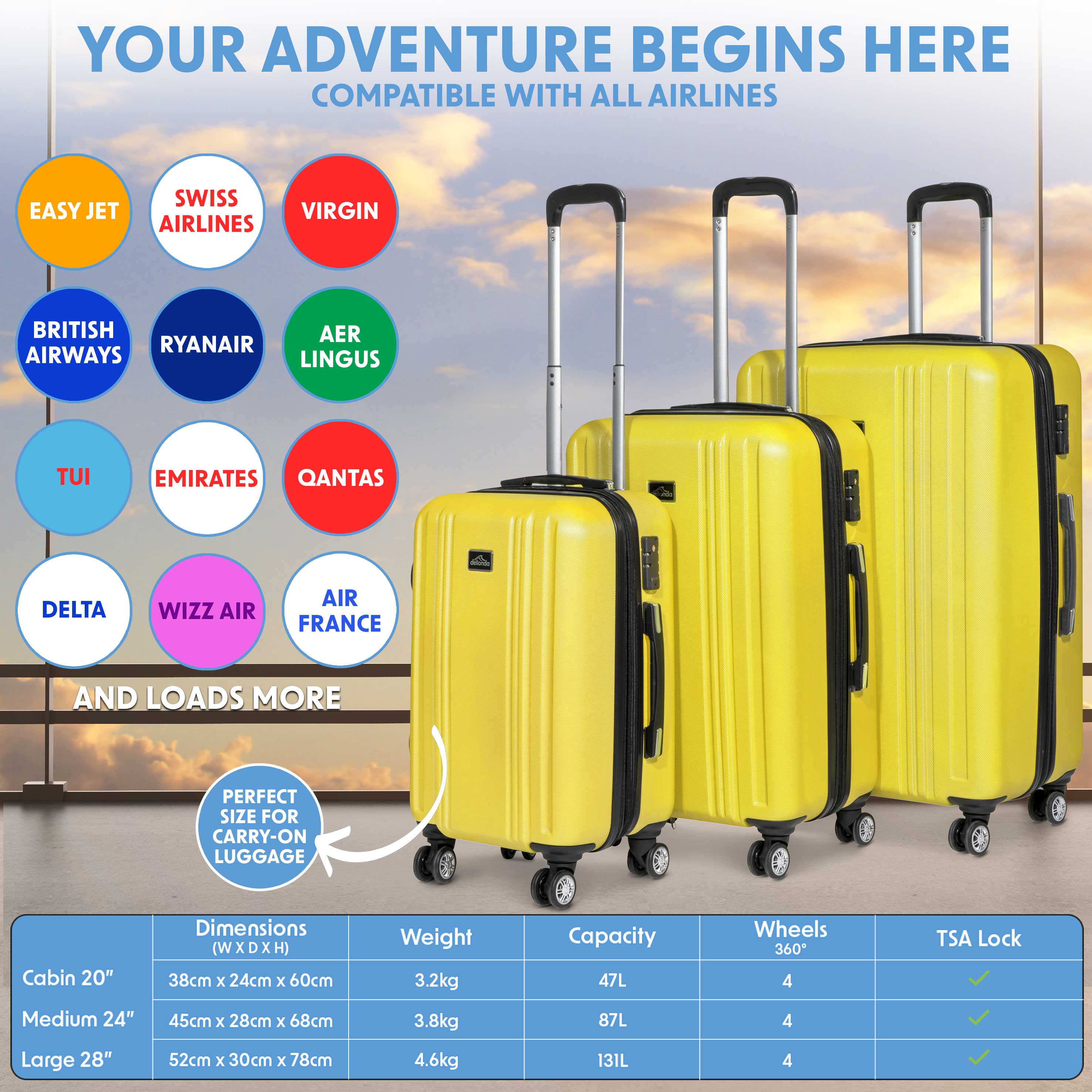 3 Piece Lightweight ABS Luggage Set with TSA Lock - Yellow (DL124) - Perfect for Travel, Business Trips & Vacations