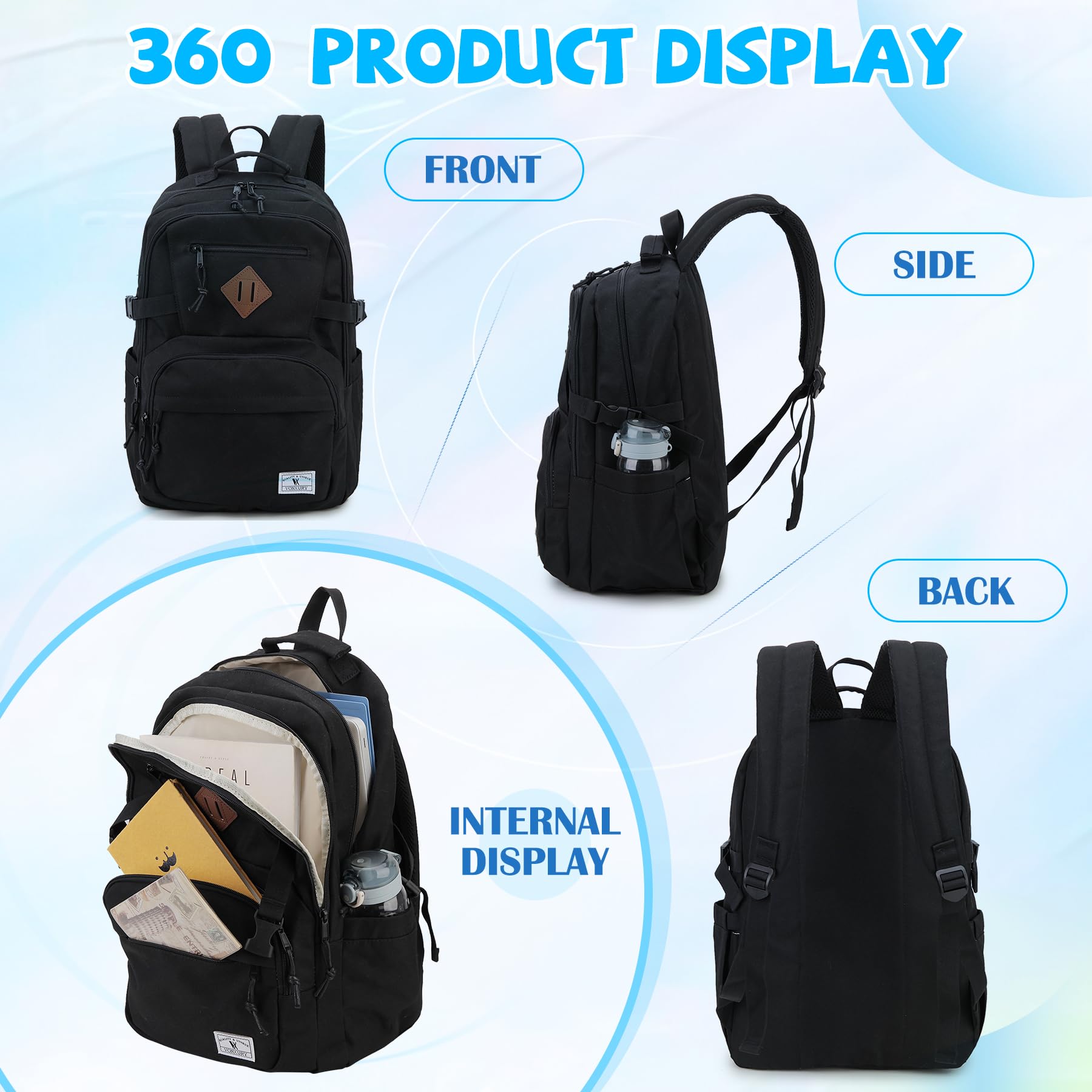 VX VONXURY Water Resistant School Backpack for Teens - Classic Travel Bookbag for Boys & Girls (Black) | Durable Backpack for High School, College & Daily Commute
