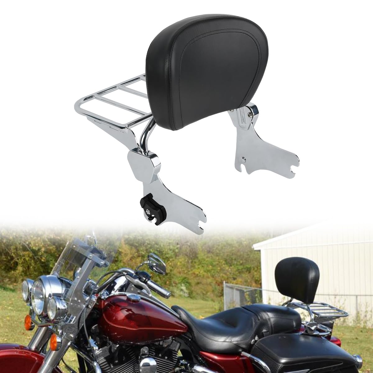 Green-L Chrome Detachable Sissy Bar Backrest Pad with Luggage Rack for Harley Road King 1997-2008 | Comfortable Motorcycle Passenger Seat Cushion | Perfect for Long Rides & Touring