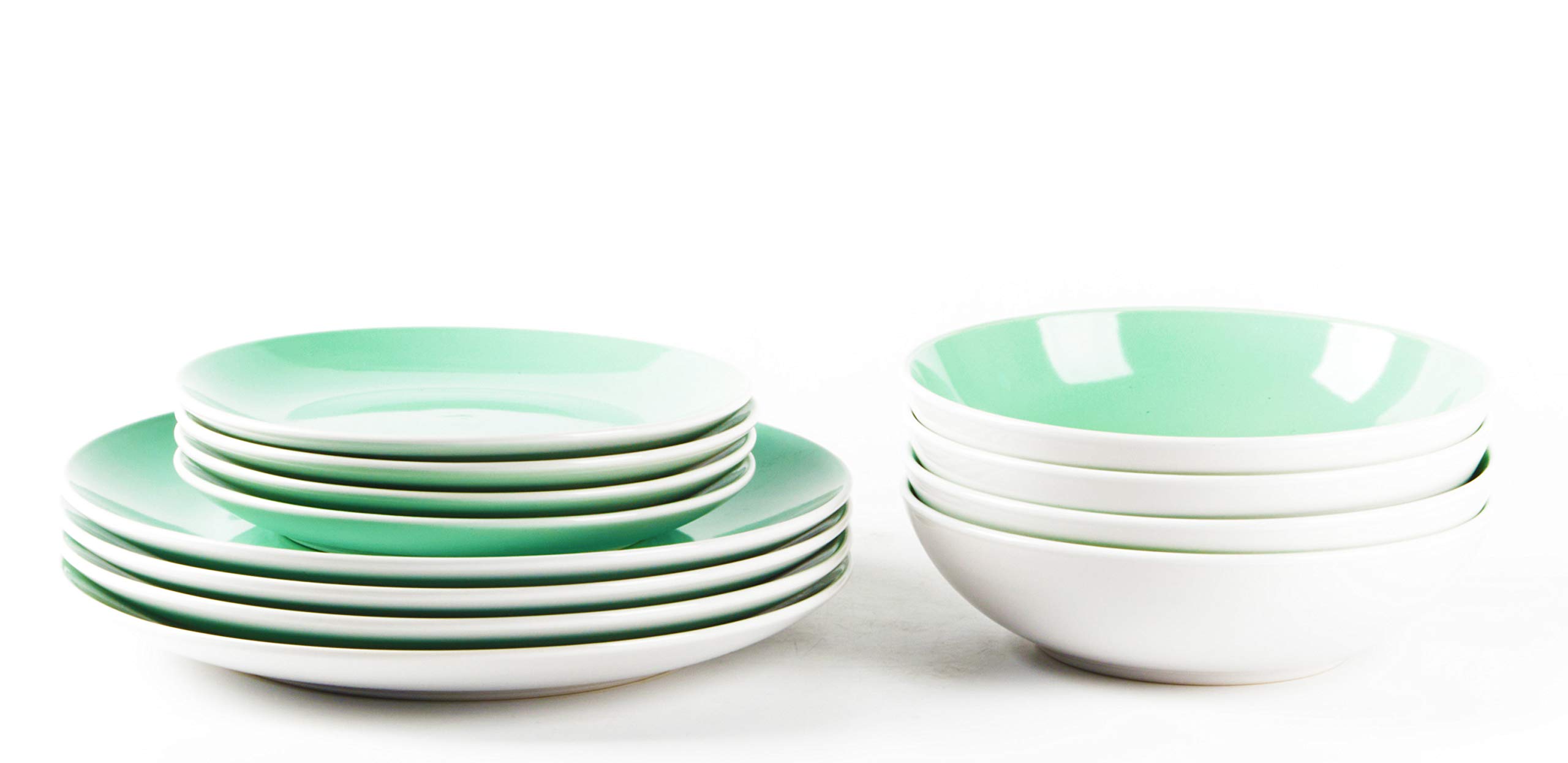 12-Piece Stoneware Coupe Dinnerware Set - White Exterior & Teal Interior | Elegant Tableware for Everyday Dining, Dinner Parties & Home Decor