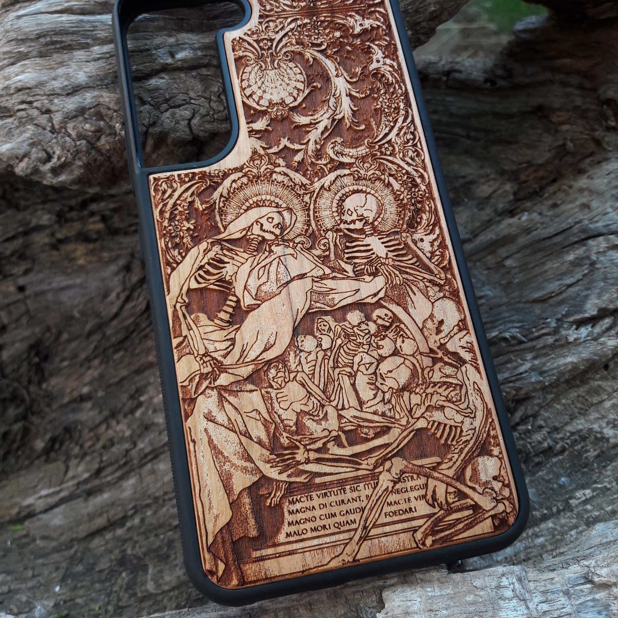 Human Skeleton Laser Engraved Wooden Phone Case for iPhone 16/15/14/13/12/11 Pro Max Mini & Galaxy S25/S24/S23/S22/S21/S20 Ultra Plus - Eco-Friendly Slim Durable Wood Cover - Perfect for Halloween, Gothic Style & Nature Lovers