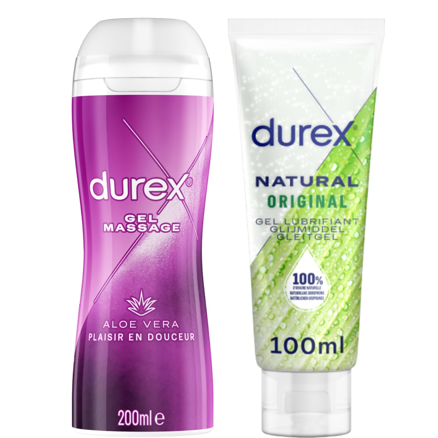 Durex Aloe Vera Lubricant & Massage Gel 200ml + Natural Gel 100ml - 2-Pack Set for Couples (Sensitive & Original) - Perfect for Intimate Moments, Spa & Sensual Massage