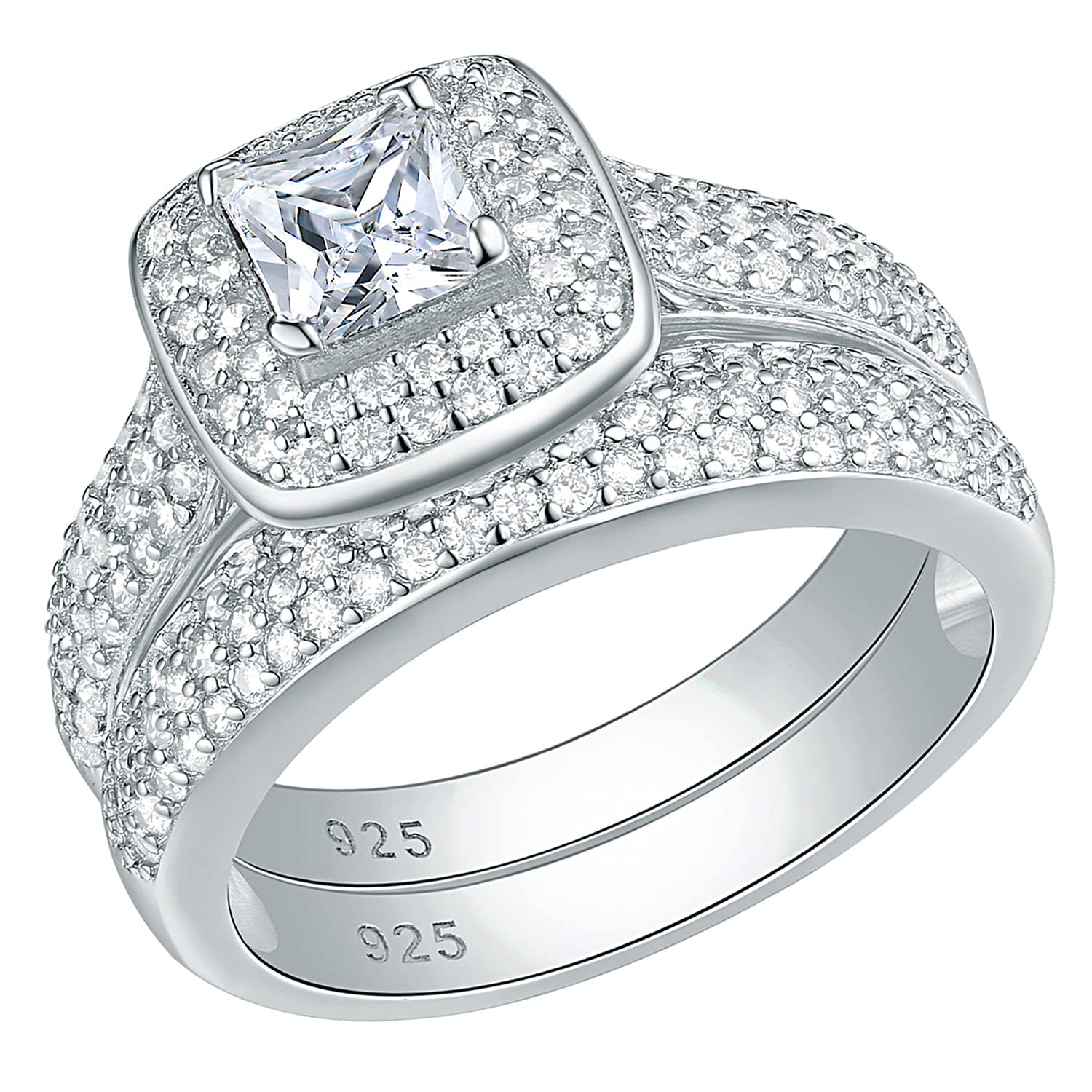 SHELOVES White Princess Cut CZ Engagement Ring Set with Wedding Band for Women - 925 Sterling Silver Size 5-12 - Perfect for Proposals, Anniversaries & Bridal Jewelry