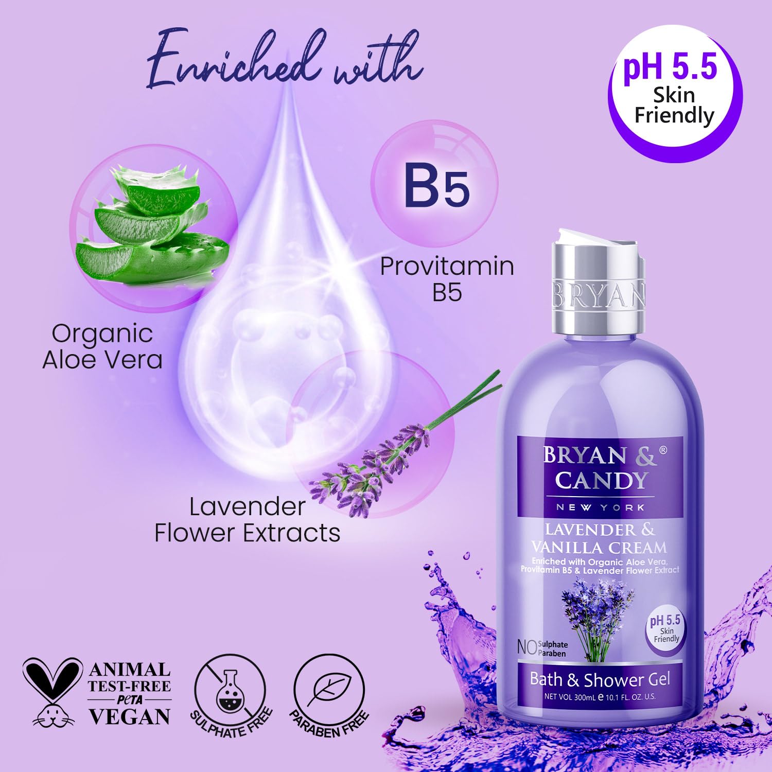 Bryan & Candy Aloe Vera Shower Gel - Gentle Moisturizing Body Wash for Soft, Supple Skin - Lavender Scented Bath & Shower Gel (300ml) - Perfect for Relaxing Baths & Daily Skincare Routine
