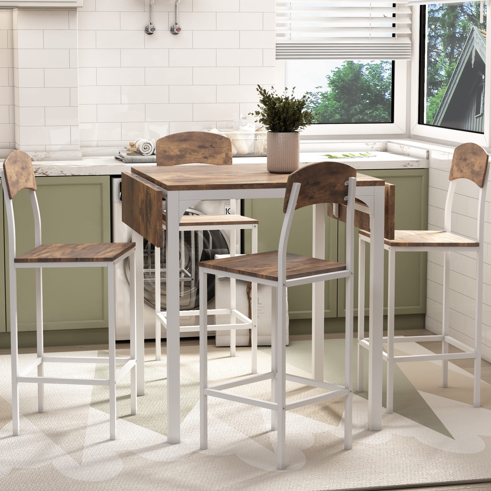 Farmhouse 5-Piece Counter Height Dining Table Set with Drop Leaf & 4 Chairs - Rustic White & Brown Kitchen Furniture for Small Spaces, Breakfast Nooks & Cozy Family Meals