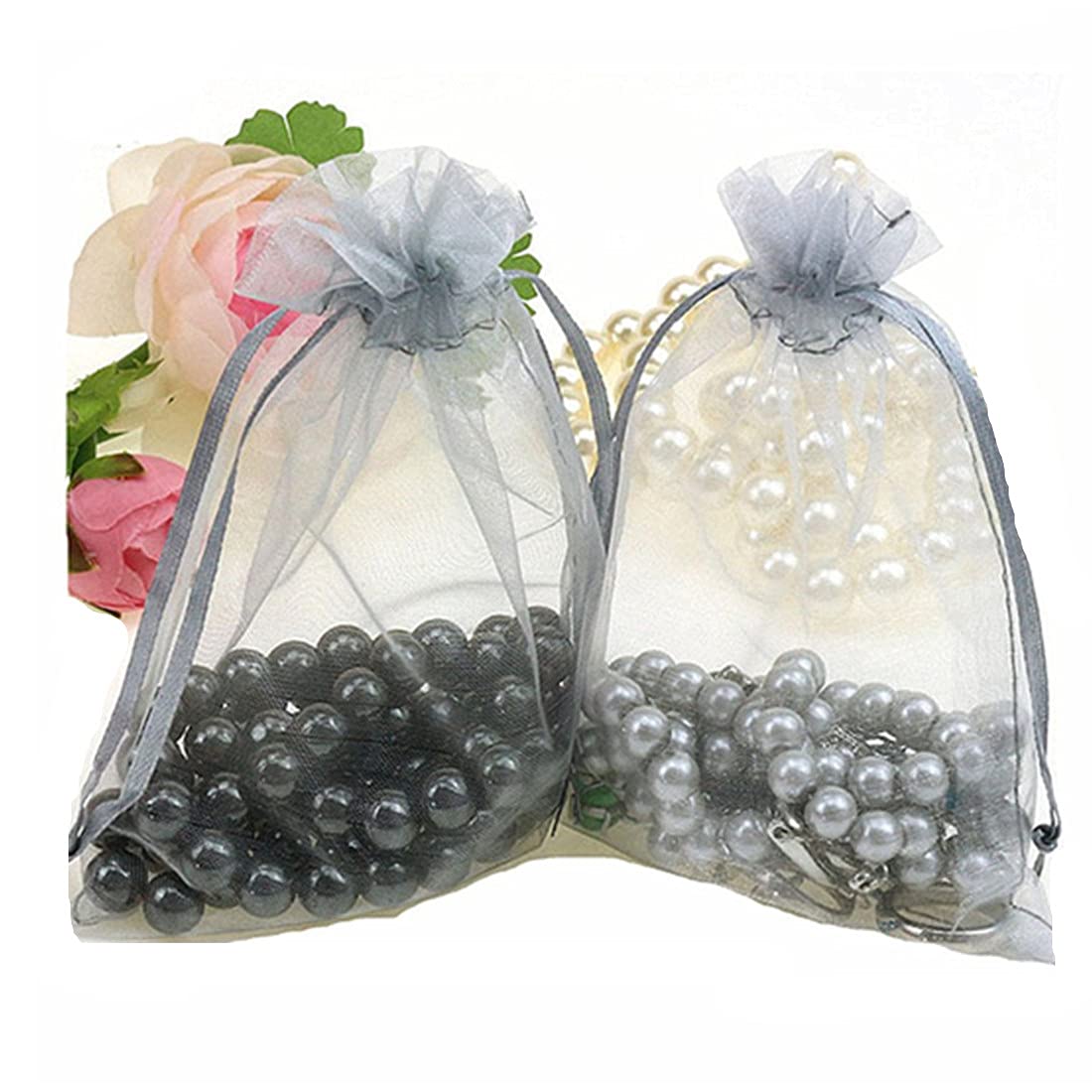 MELUOGE 100pcs 6X9 Inches Organza Drawstring Jewelry Bags - Small Gift Pouches for Wedding Favors, Party Favors, Candy, Jewelry Storage & Travel (Gray) - Perfect for Bridal Showers, Baby Showers & Birthday Party Decorations