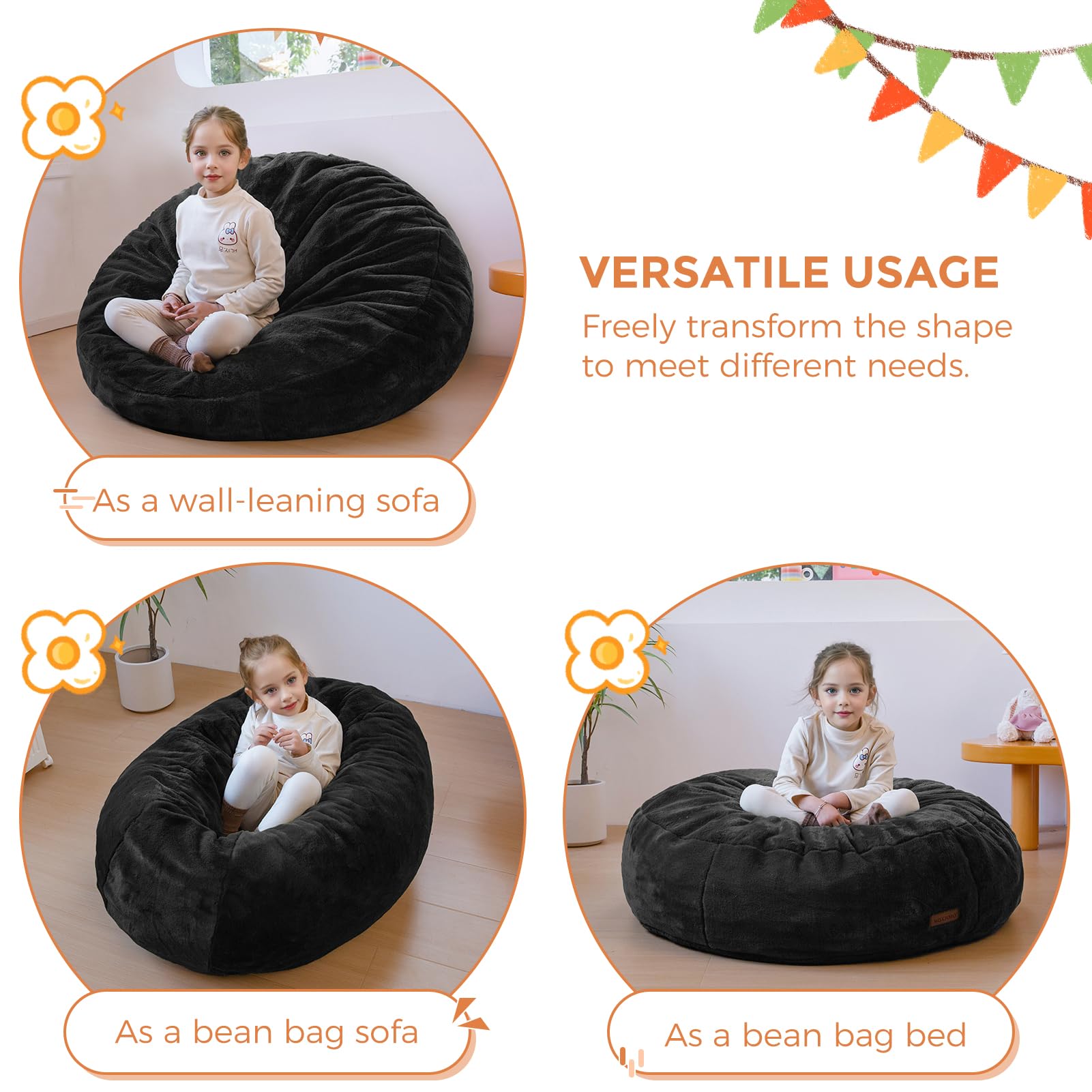 MAXYOYO 3-in-1 Kids Bean Bag Chair Bed - Convertible Faux Fur Floor Sofa for Children's Room, Gaming & Reading Nook - Soft Round Lounge Chair (Black) | Perfect for Playrooms, Bedrooms & Dorm Relaxation
