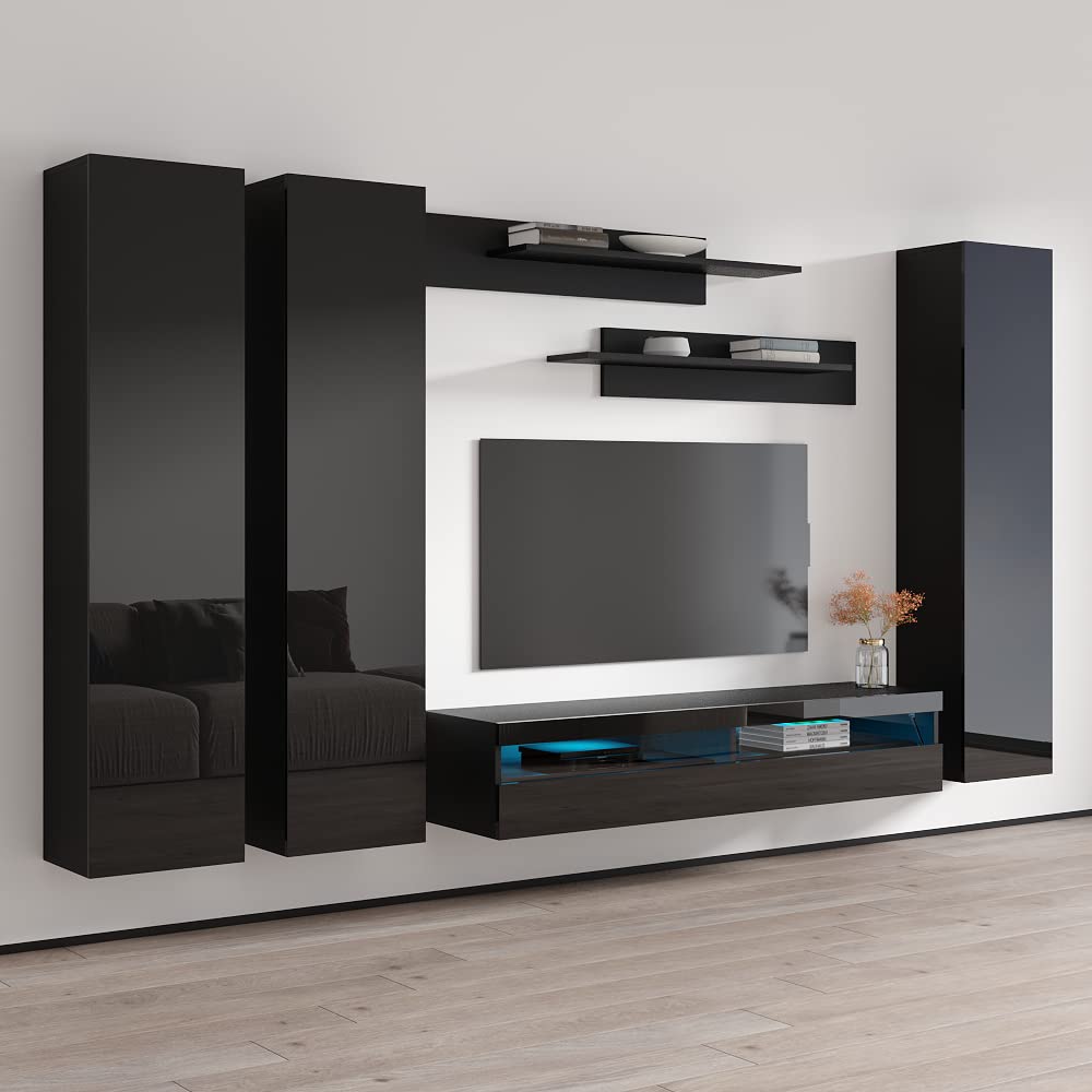 Modern Wall-Mounted TV Stand with Storage Shelves & LED Lights - 35