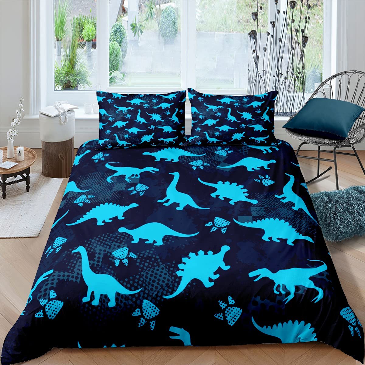 Blue Dinosaur Duvet Cover Set - Cartoon Wildlife Animal & Paw Print Pattern Comforter Cover - Twin Size with 1 Pillowcase - Navy Blue Kids Bedding Set for Boys & Teens - Perfect for Bedroom Decor, Sleepovers, and Themed Rooms