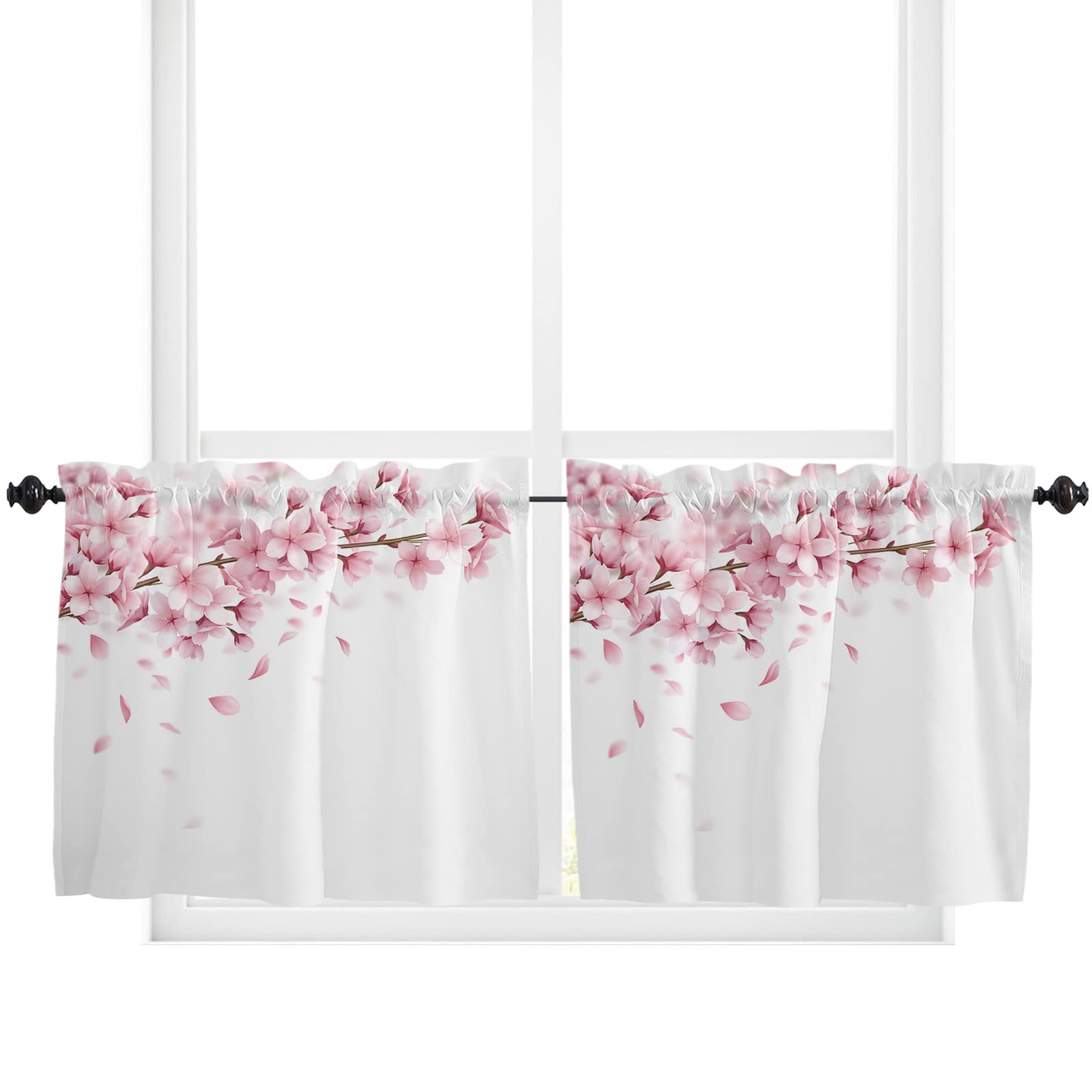 Spring Pink Sakura Flowers Kitchen Curtains 24 Inch Length - 2 Panels Short Cafe Tier Drapes with Rod Pocket, 55x24 Inches - Perfect for Small Windows, Kitchen Decor & Cozy Home Aesthetic