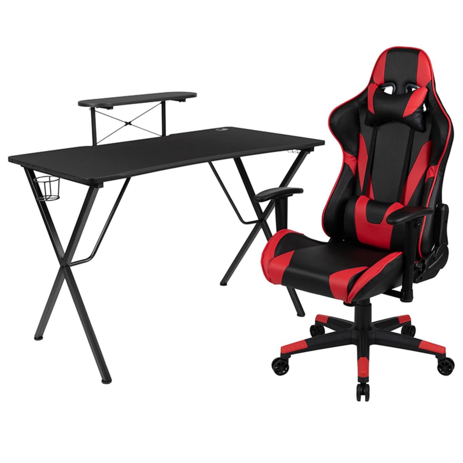 Flash Furniture Optis Black Gaming Desk & Red/Black Reclining Gaming Chair Set with Cup Holder, Headphone Hook & Monitor Stand - Ergonomic PC Gaming Setup for Home Office, Streaming & Esports