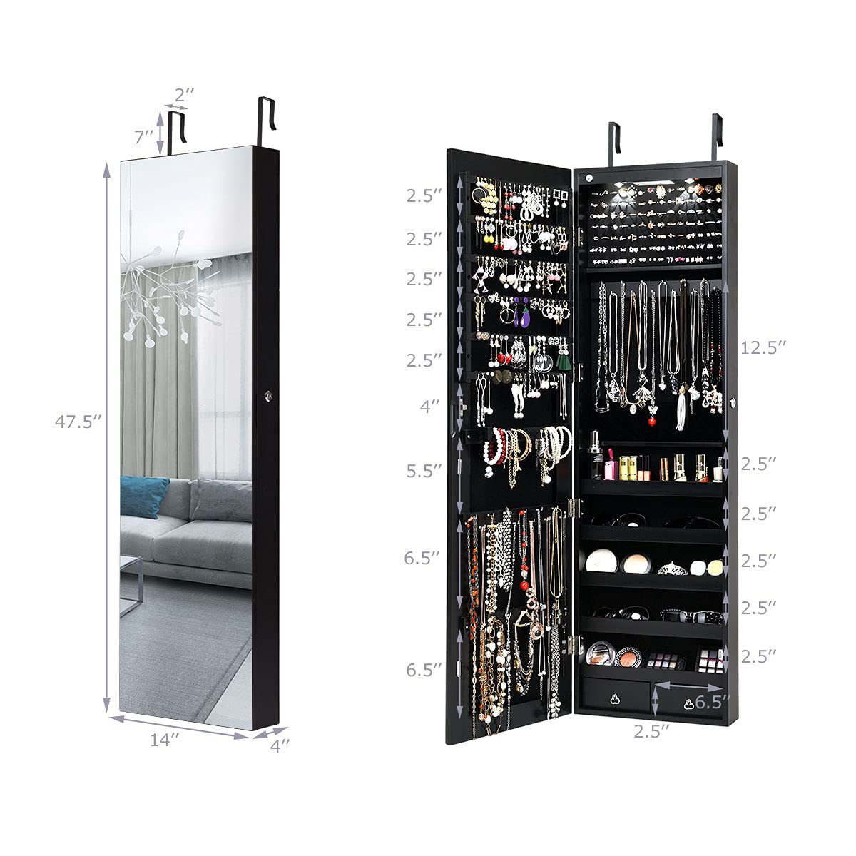 Jewelry Armoire Cabinet with Full-Length Mirror - 2 LED Lights, Lockable with 2 Keys, Makeup Pouch & Bracelet Organizer, 2 Drawers, Wall or Door Mount - Elegant Black Jewelry Storage for Bedroom, Closet & Dressing Room