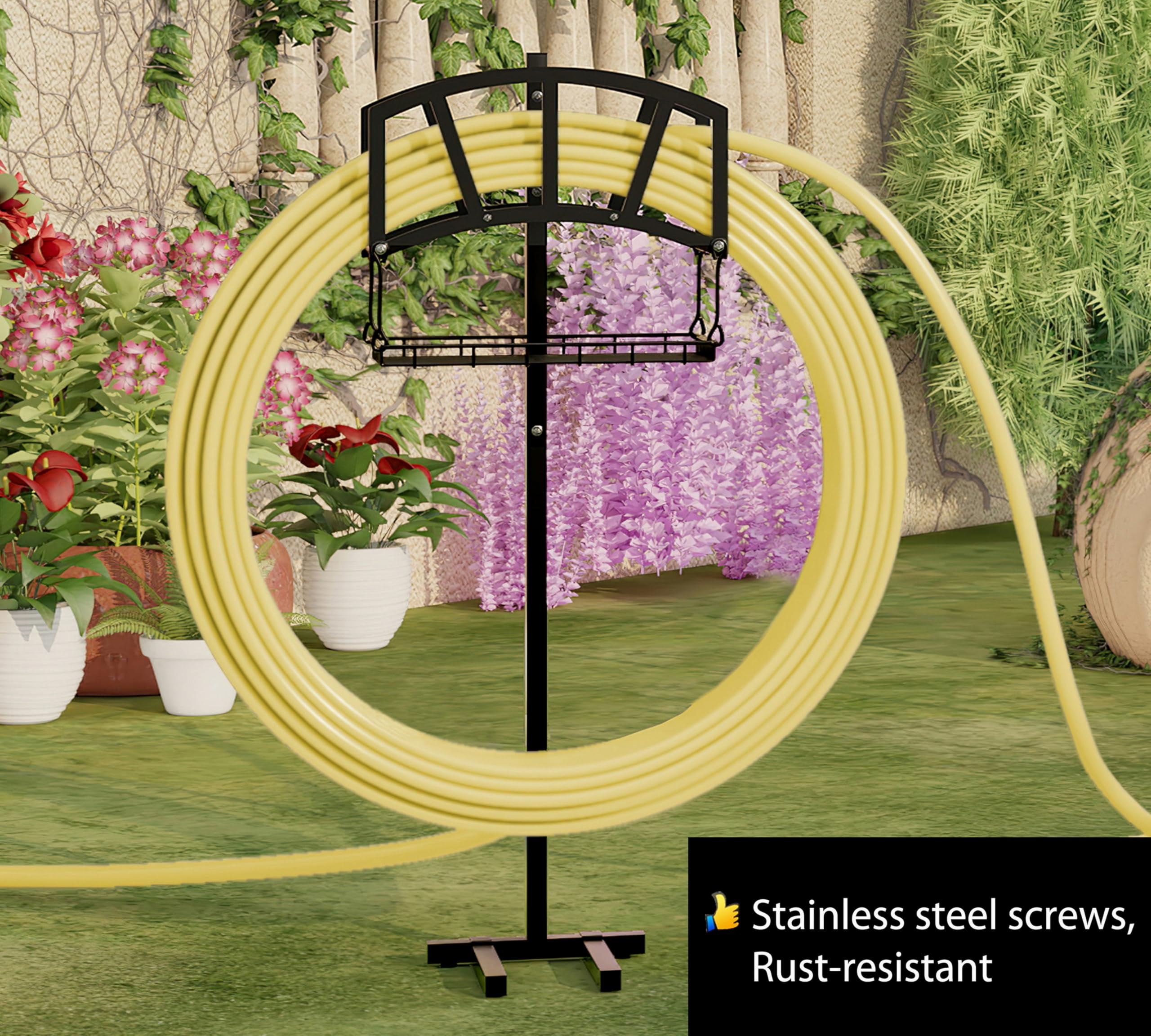 Fire Beauty Freestanding Garden Hose Holder with Storage Basket - Heavy Duty In-Ground Hose Rack Organizer for Outdoor Use - Detachable Hose Reel Stand for Lawn, Yard & Garden Watering (Perfect for Backyard, Patio & Landscaping)