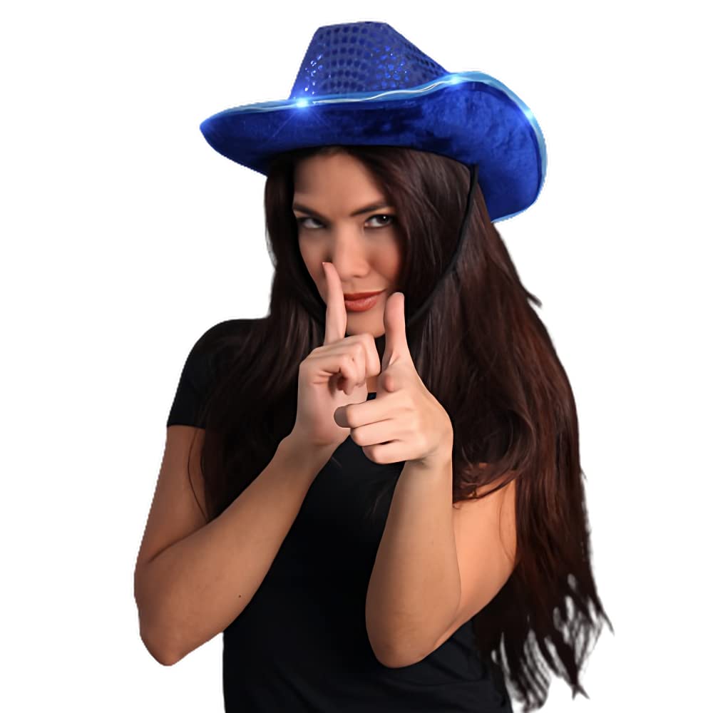 LED Flashing Cowboy Hat with Blue Sequins - Light Up Party Hat for Women & Men - Perfect for Halloween, Rodeo, Concerts & Western Theme Parties