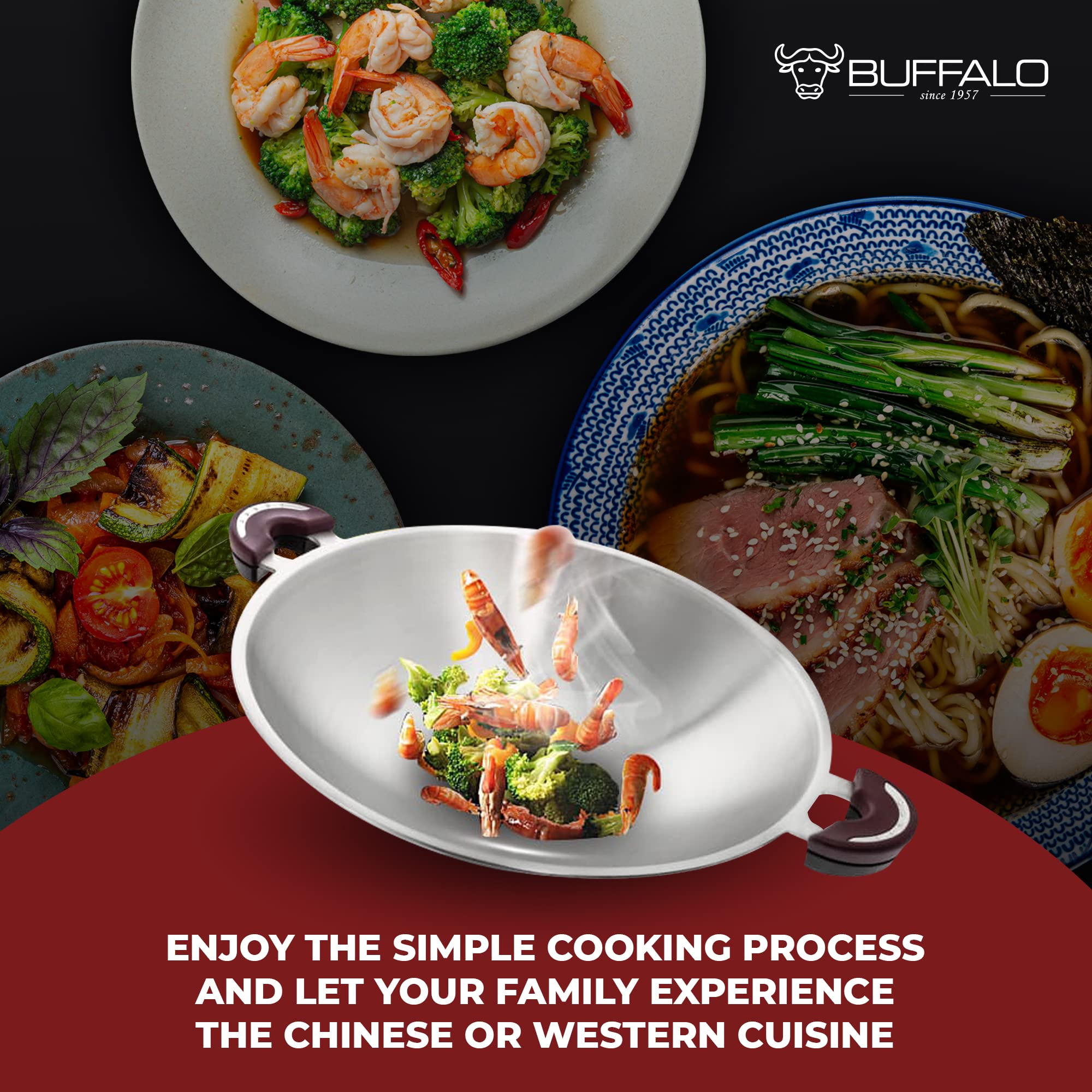 BUFFALO 15-inch (38cm) Stainless Steel Wok Pan with Lid - Tri-Ply Nonstick Stir Fry Pan for Induction, Electric & Gas Stoves - Round Bottom Cooking Pot with Double Handles & Wok Ring - Perfect for Asian Stir-Fry, Deep Frying & Home Cooking