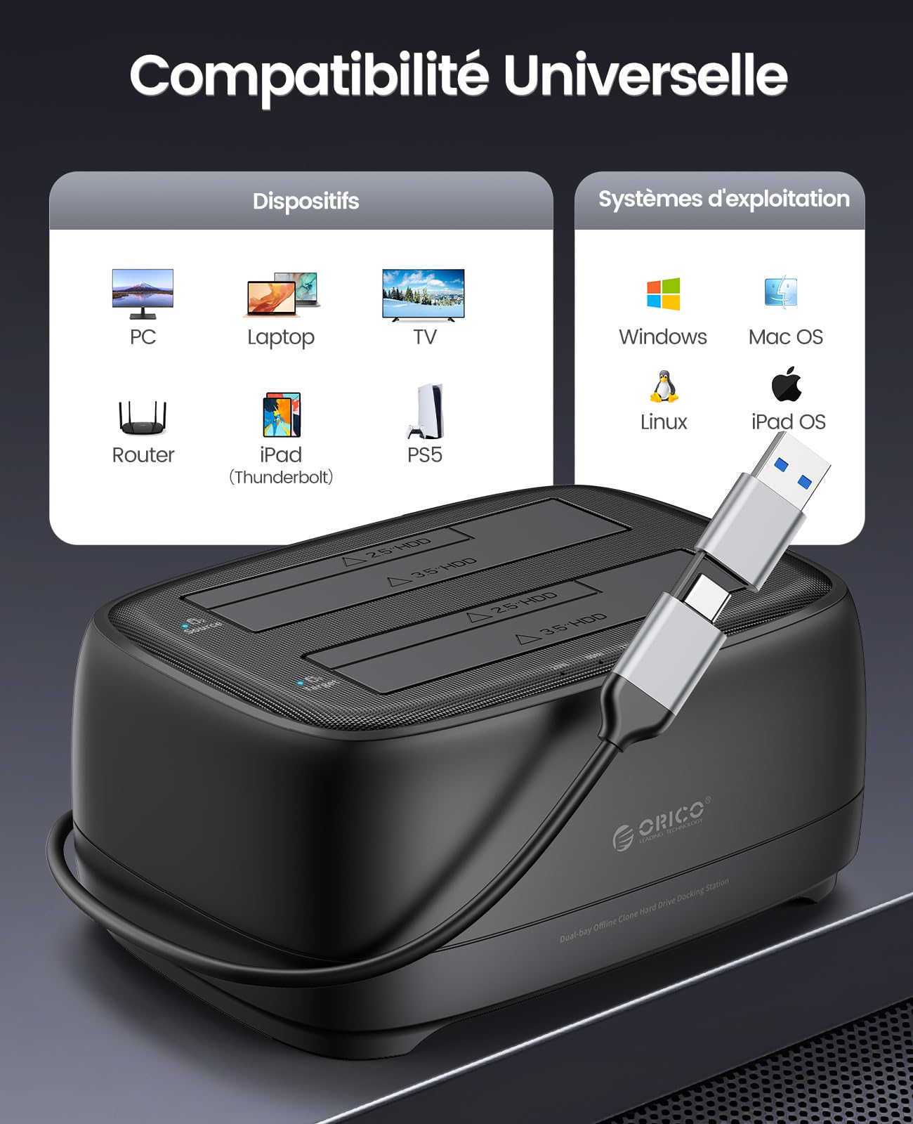 ORICO 2-Bay USB C Hard Drive Docking Station for SATA 2.5/3.5