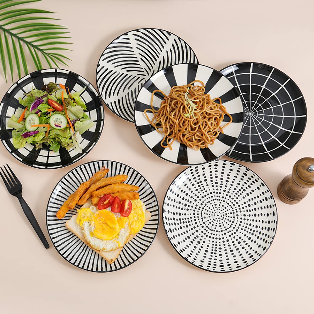 AHX 8 Inch Ceramic Dessert Plates - Set of 6 Modern Japanese Style Salad & Appetizer Plates - Dishwasher & Microwave Safe Black White Dinnerware - Perfect for Parties, Tea Time & Home Decor