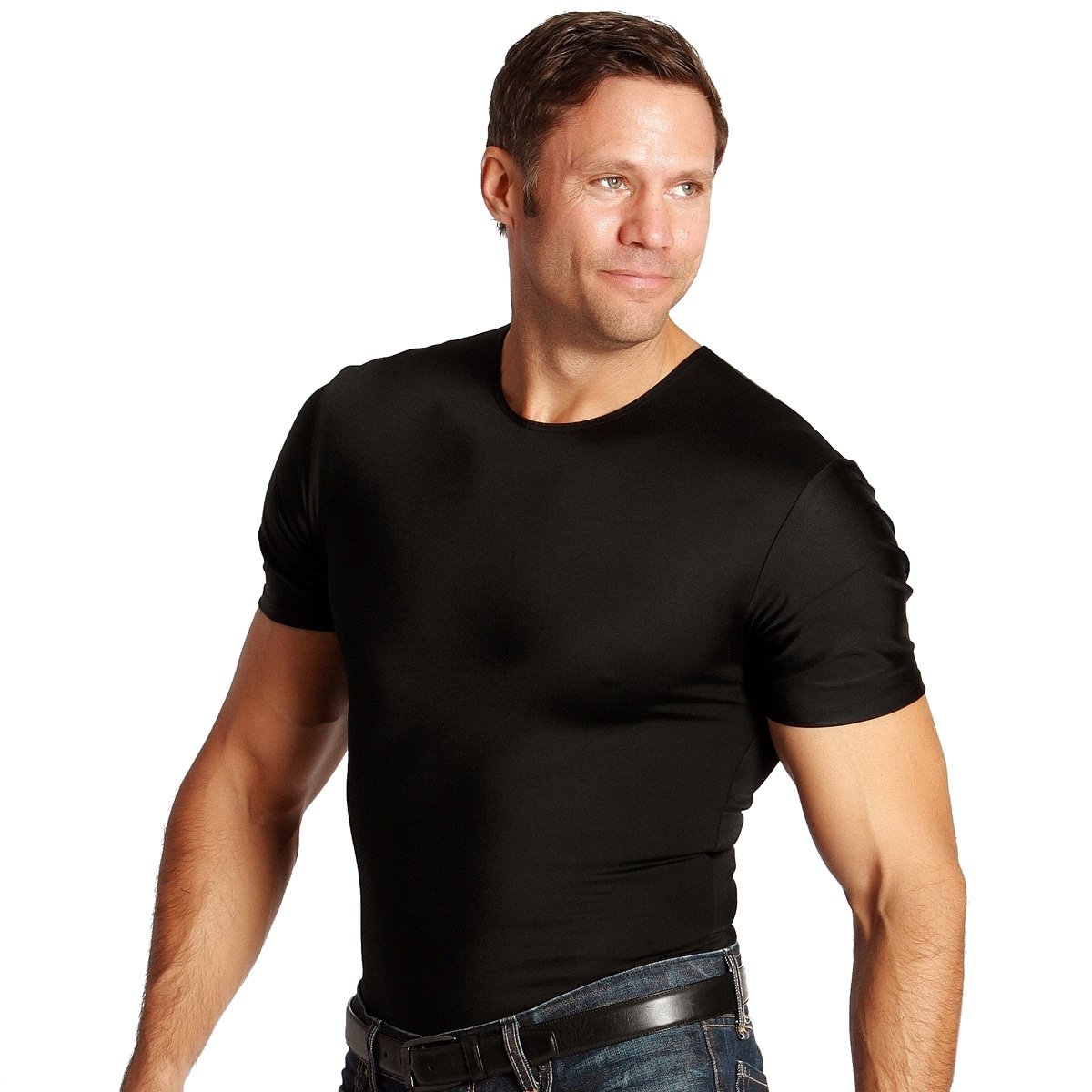 Insta Slim by I.S. PRO - Men's Slimming Compression Shirt (3 Pack) | Made in USA | Fitted Undershirt for Instant 5 Inch Waist Reduction & Back Support | Crew Neck Short Sleeve T-Shirt | Perfect for Workout, Office Wear & Everyday Comfort | Black - Large
