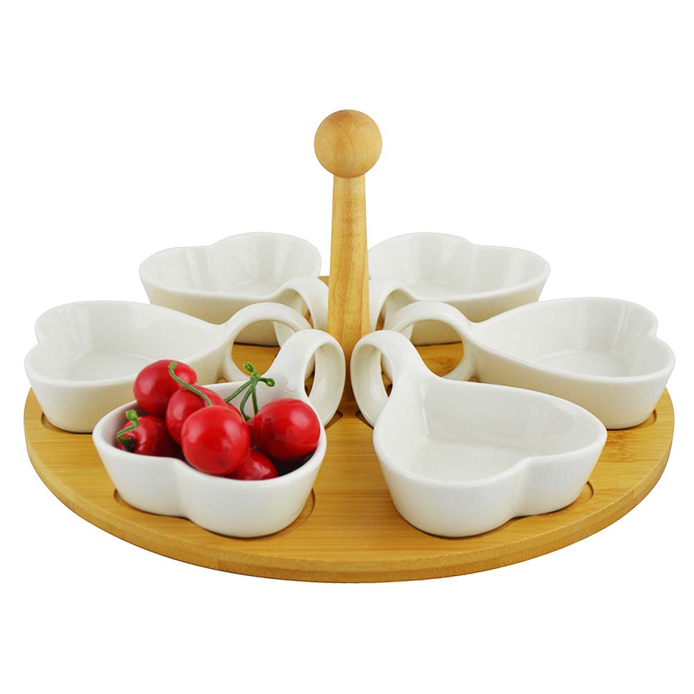 White Party Food Serving Set - 6 Snack Bowls with Wooden Display Board for Entertaining, Appetizers & Charcuterie | Perfect for Weddings, Cocktail Parties & Holiday Gatherings