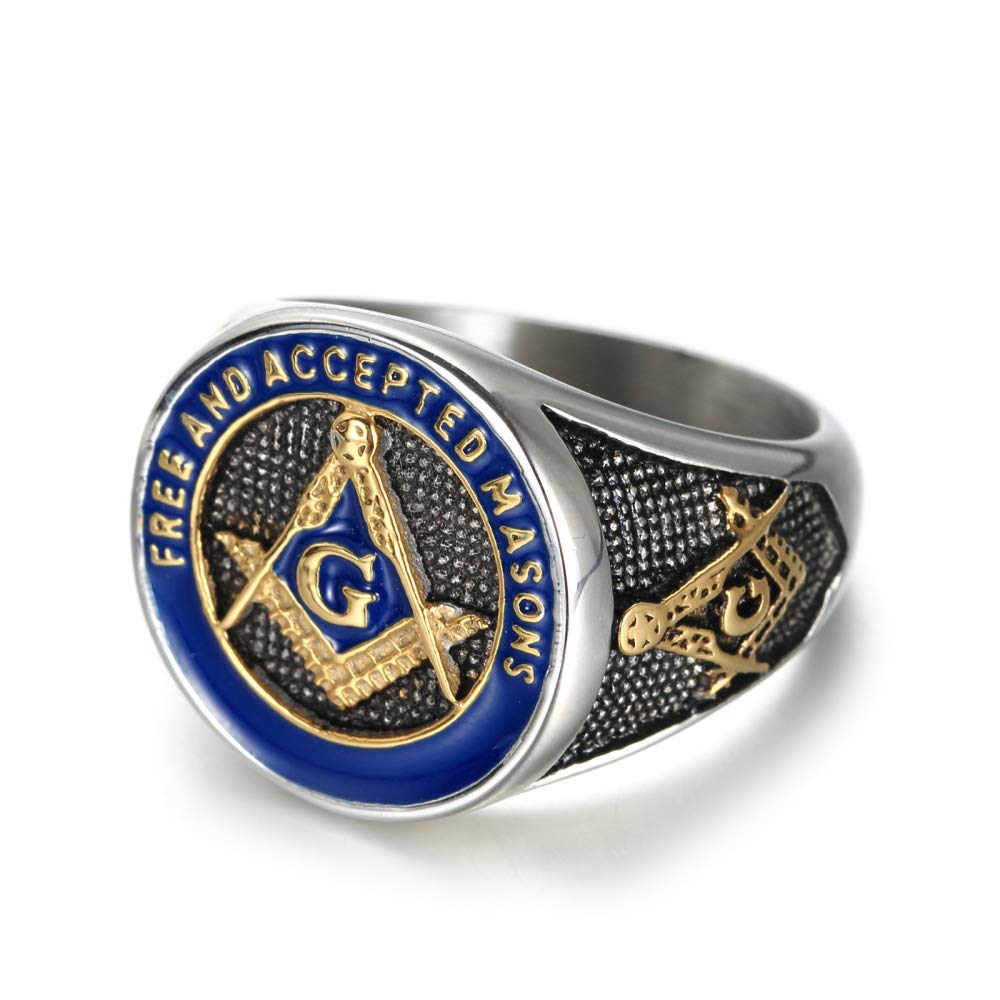 **Men's Masonic Ring - Stainless Steel Freemason Symbol Signet Band in Silver, Gold & Blue | Free & Accepted Masons Jewelry for Gifts & Brotherhood Events**