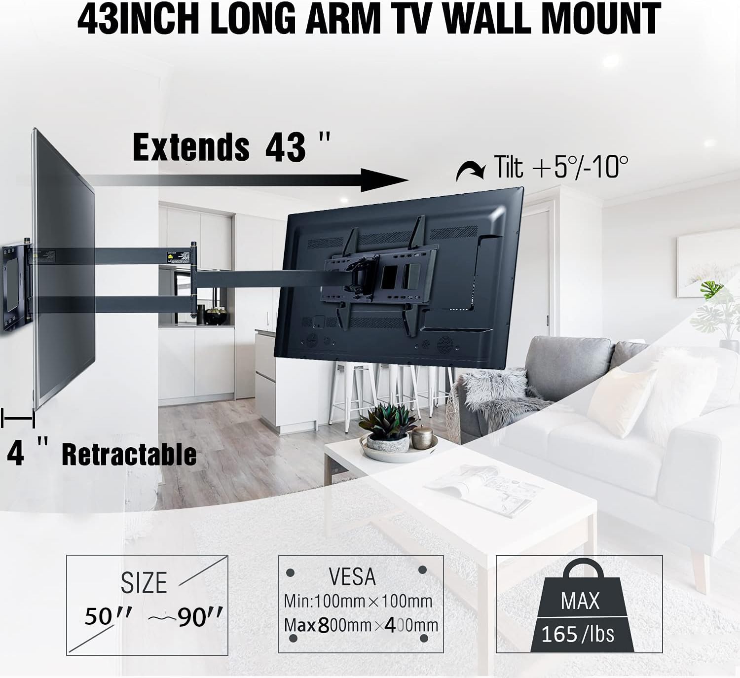 Heavy Duty Dual Arm Full Motion TV Wall Mount Bracket - 43