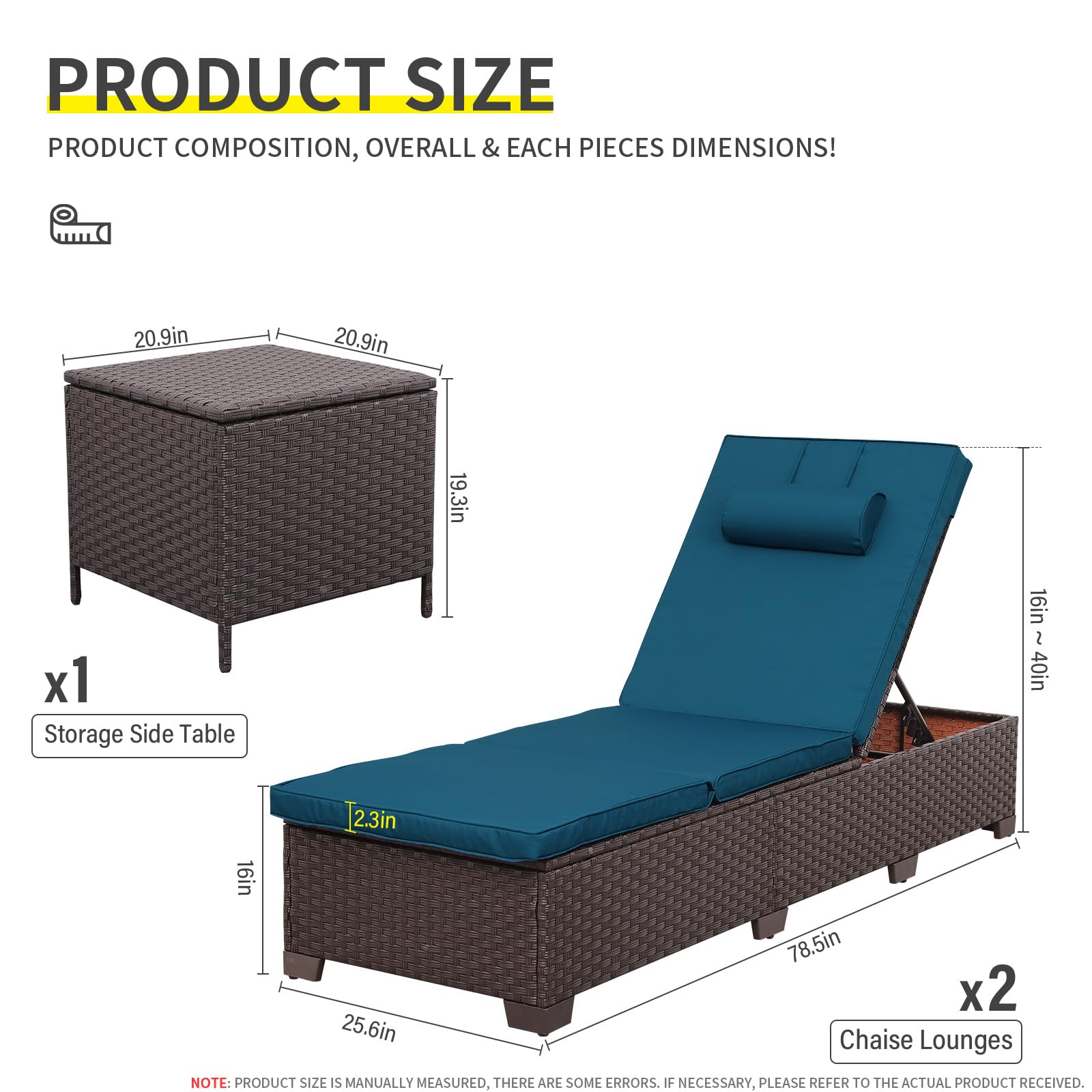 Outdoor PE Wicker Chaise Lounge Set of 3 - Brown Rattan Patio Furniture with Adjustable Backrest & Peacock Blue Cushions - Poolside Lounge Chairs with Storage Table for Backyard, Garden, and Beach Relaxation