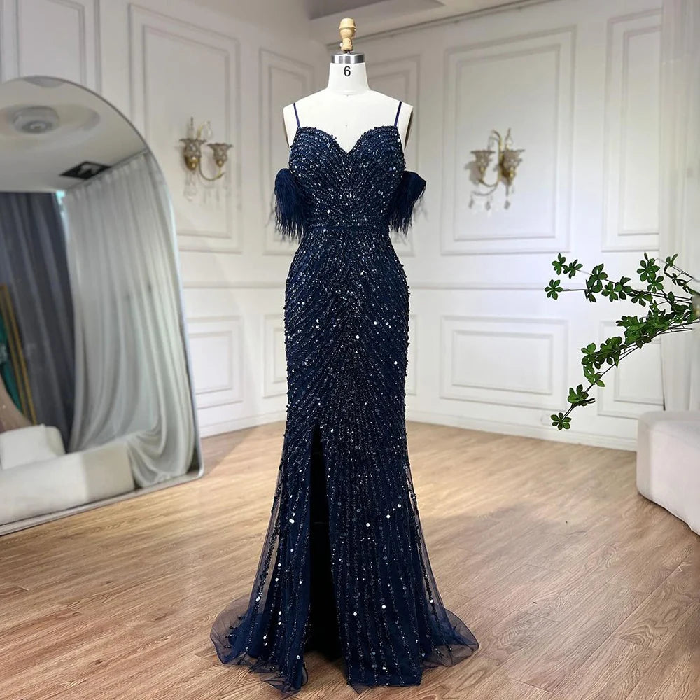 Elegant Green Mermaid Evening Dress with Feather Beading - Women's High Split Spaghetti Strap Gown for Prom, Party & Special Occasions