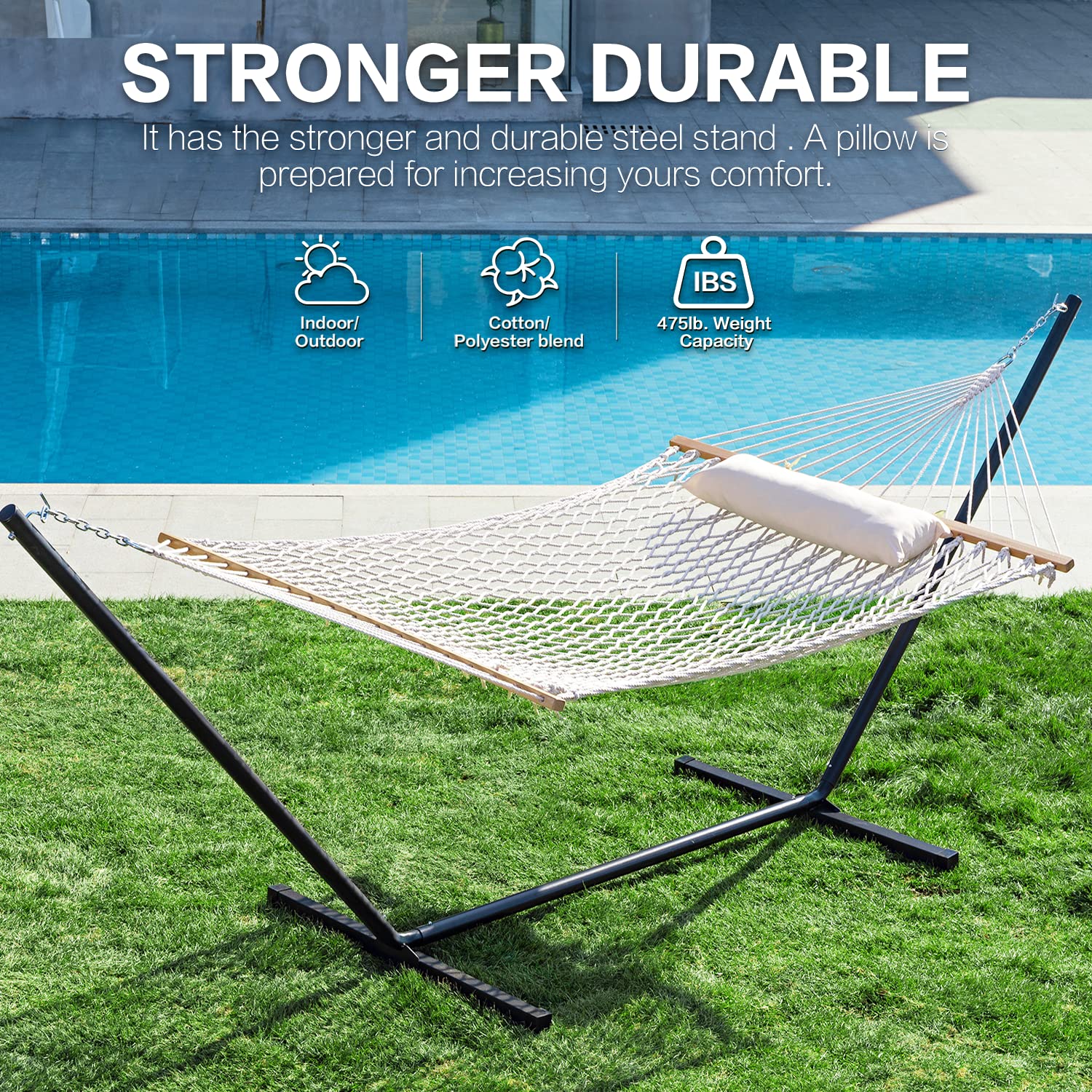 **PNAEUT Double Rope Hammock with Stand - 12ft Heavy Duty Hammock for 2 Persons, Traditional Cotton Rope Design with Pillow - Outdoor, Patio, Backyard, Porch Use - Max Weight Capacity 475lbs (Burlywood)**