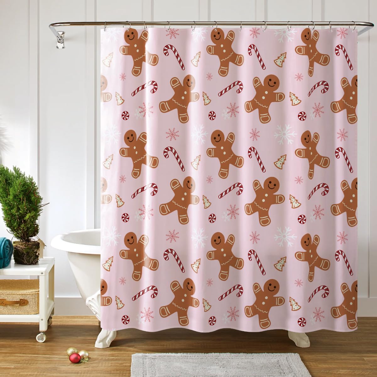 Pink Cute Gingerbread Man Christmas Shower Curtain Set with Hooks - Winter Holiday Bathroom Decor for Home, Merry Christmas Fabric Shower Curtain - Perfect for Bathroom Decorations, Indoor Holiday Party & Festive Home Styling