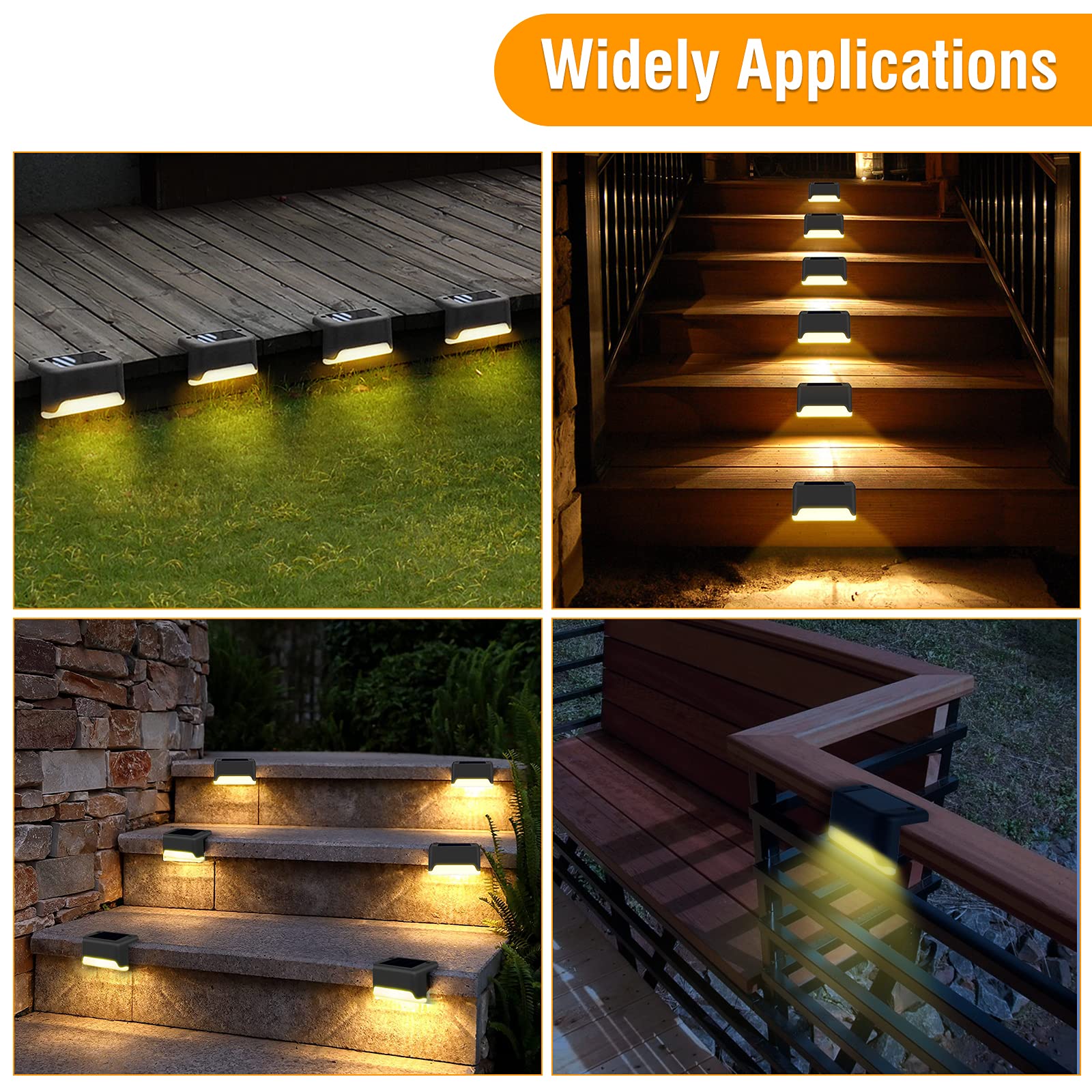 **4 Pack Solar Deck Lights Outdoor - IP65 Waterproof LED Solar Step Lights for Stairs, Fence, Railing, Yard, Patio & Pathway - Warm White - Perfect for Nighttime Safety & Ambiance**