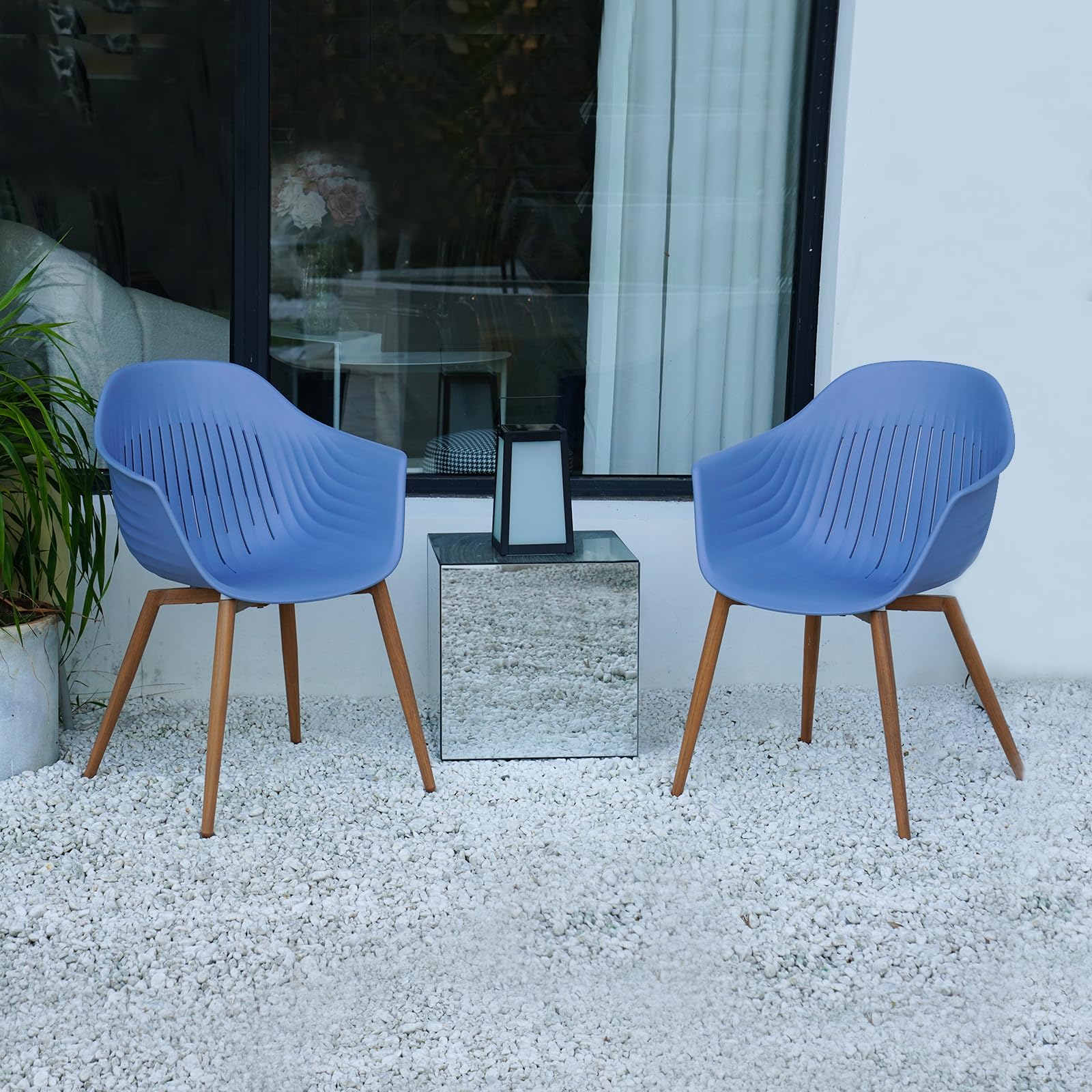 Modern Outdoor Dining Chairs Set of 2 - Recycled Plastic Patio Chairs with Rust-Free Metal Frame & Woodgrain Legs - Whale Design for Backyard, Garden, Poolside or Restaurant Use (Blue)