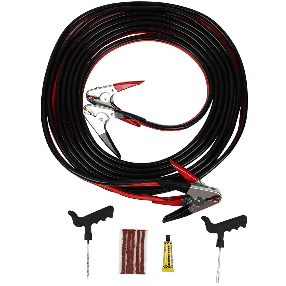Heavy Duty 1 Gauge 30FT Jumper Cables for Car Battery - Emergency Booster Cable with Tire Repair Kit for Trucks, SUVs, Farm Equipment & Diesel Vehicles - Perfect for Roadside Emergencies and Vehicle Maintenance