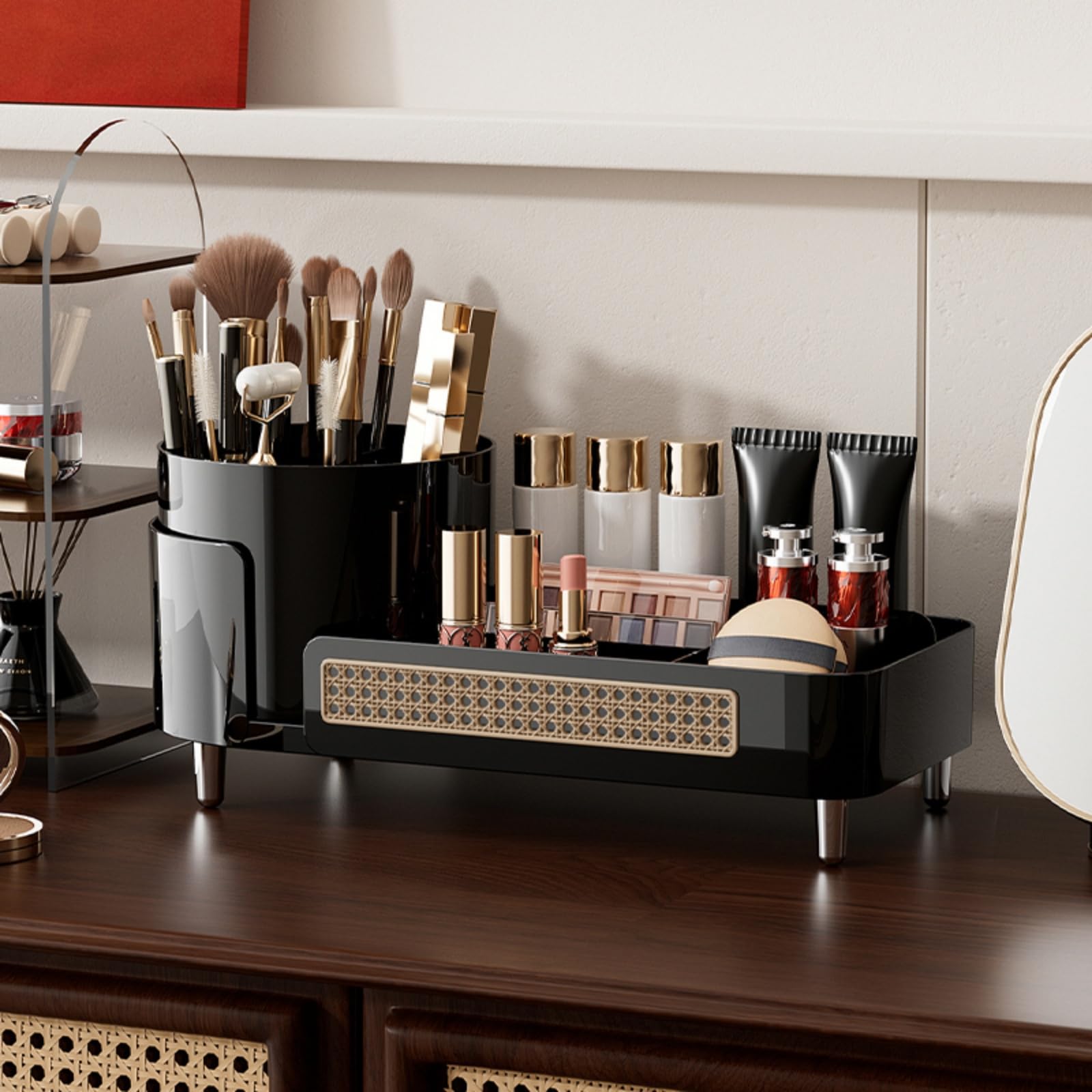 Rotating Makeup Organizer with Large Capacity - 2-in-1 Cosmetic Storage for Vanity & Bathroom | Black Makeup Display Case for Countertop - Perfect for Organizing Lipsticks, Brushes & Skincare Products