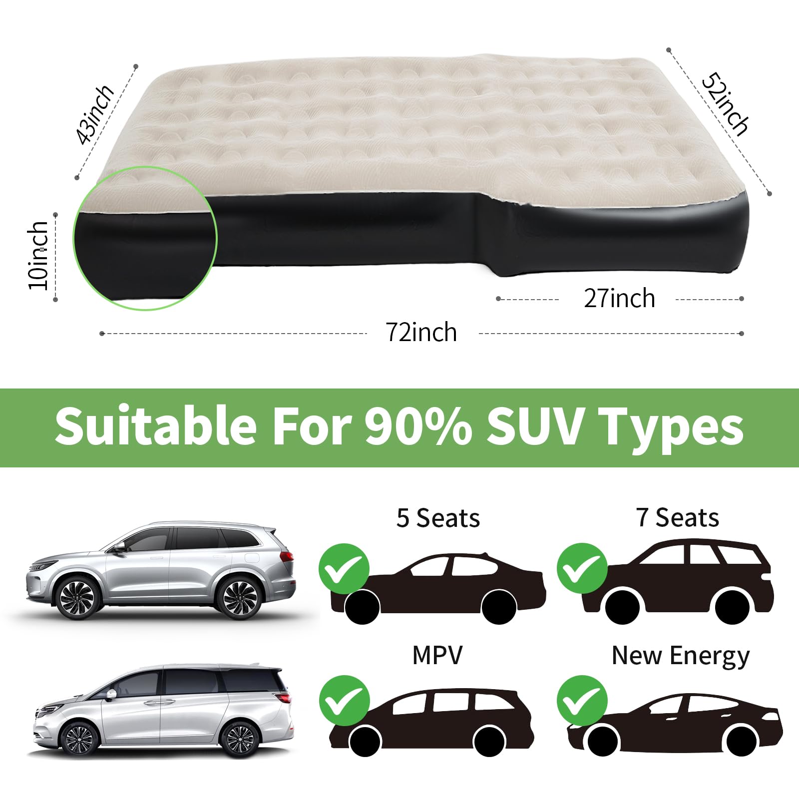 10-Inch SUV Air Mattress with External Pump - Portable Car Bed for Camping, Travel & Road Trips - Includes Pillows & Carry Bag - Perfect for SUV, Truck & Vehicle Sleeping