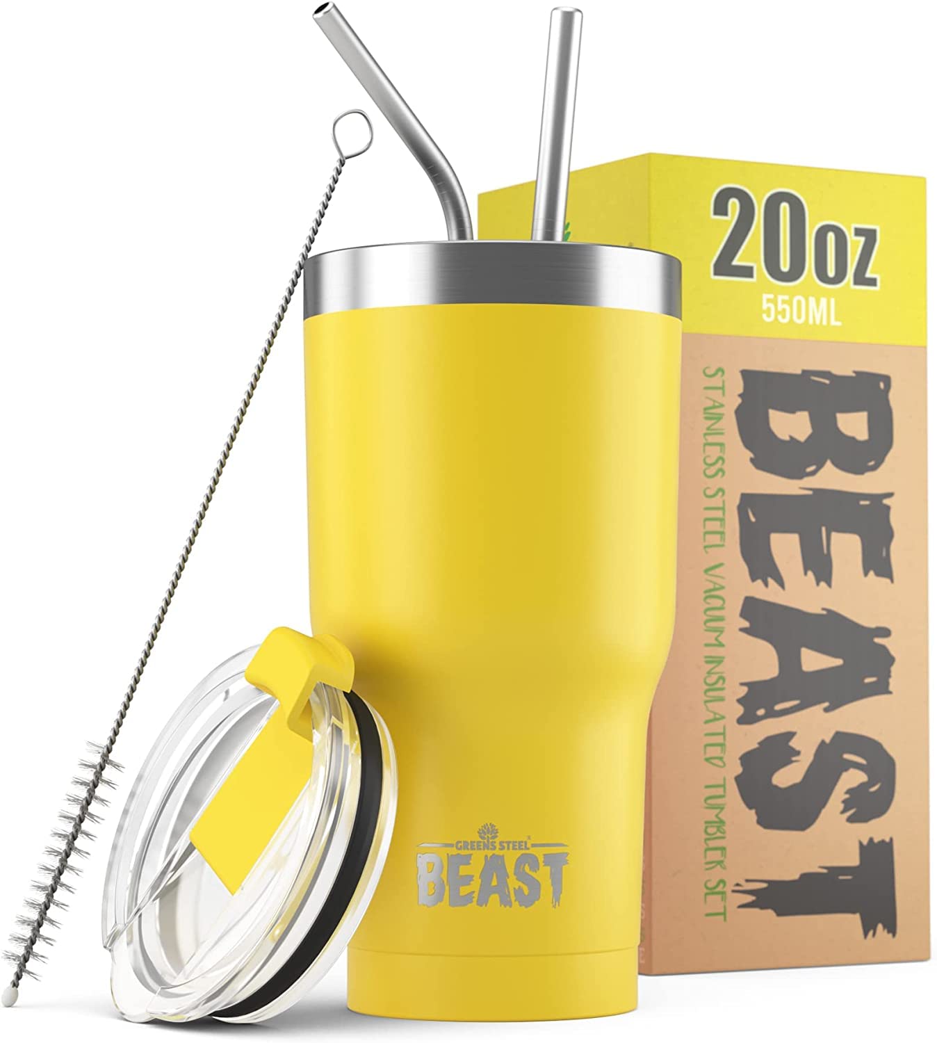 Beast 20 oz Stainless Steel Tumbler - Vacuum Insulated Double Wall Travel Mug for Coffee & Iced Drinks (Lemon) - Perfect for Office, Gym, Camping & Outdoor Activities