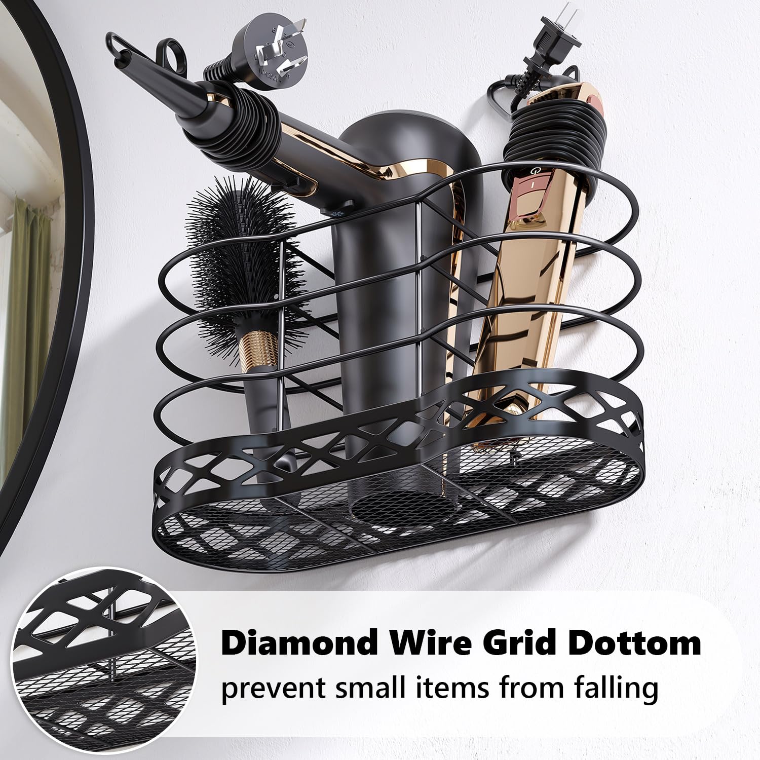 Black Hair Dryer Holder & Organizer - Wall Mount Blow Dryer Storage for Bathroom, Cabinet Door - Perfect for Hair Styling Tools Like Flat Irons & Curling Straighteners - Ideal for Salon, Home & Travel Use