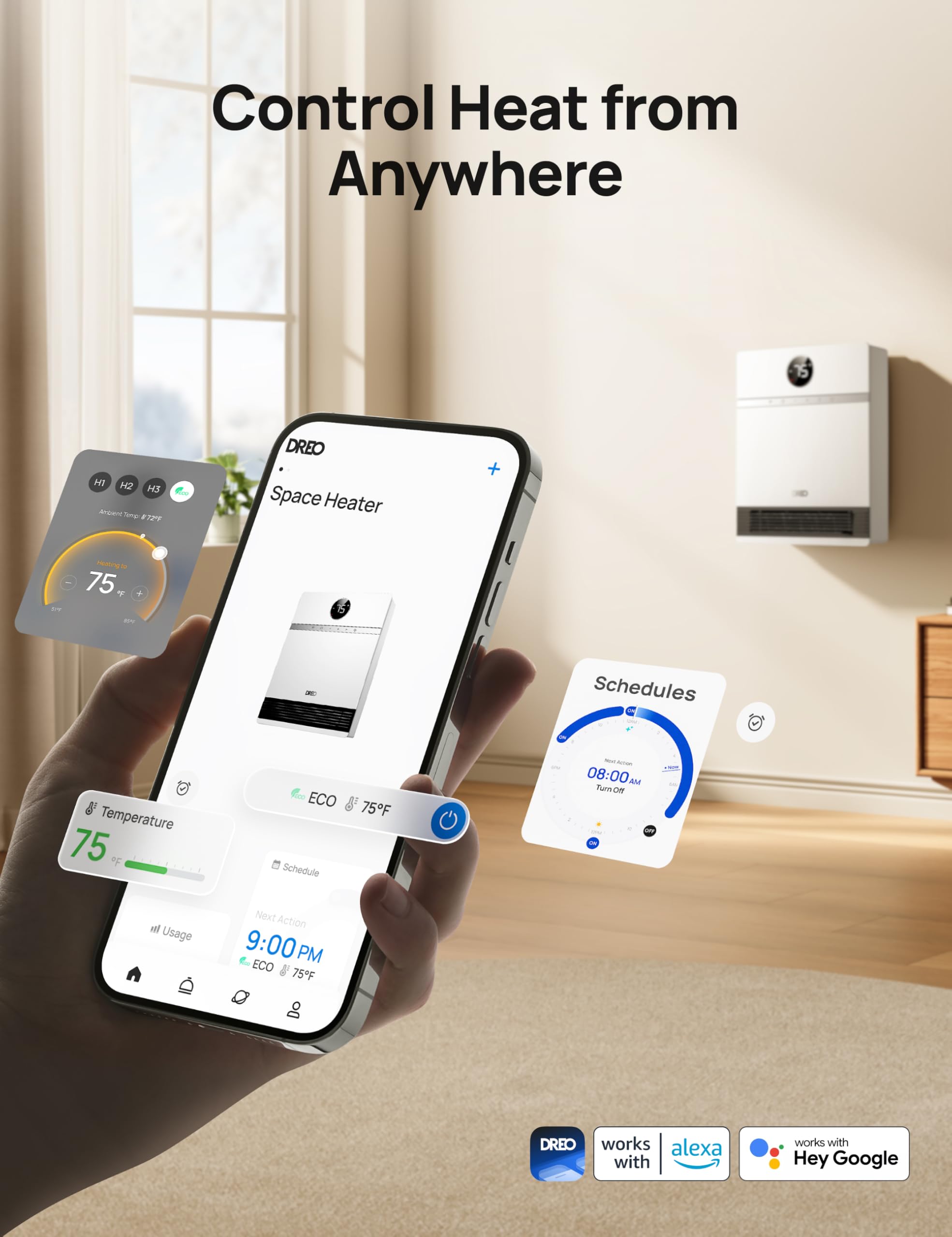 Dreo Smart Wall Heater with Remote Control - 1500W Electric PTC Space Heater for Indoor Use, IP24 Safe, 30° Oscillation, Adjustable Thermostat, Alexa Compatible, 24H Timer - Perfect for Bedroom, Office, and Home Heating - Easy Mount & Energy Efficient
