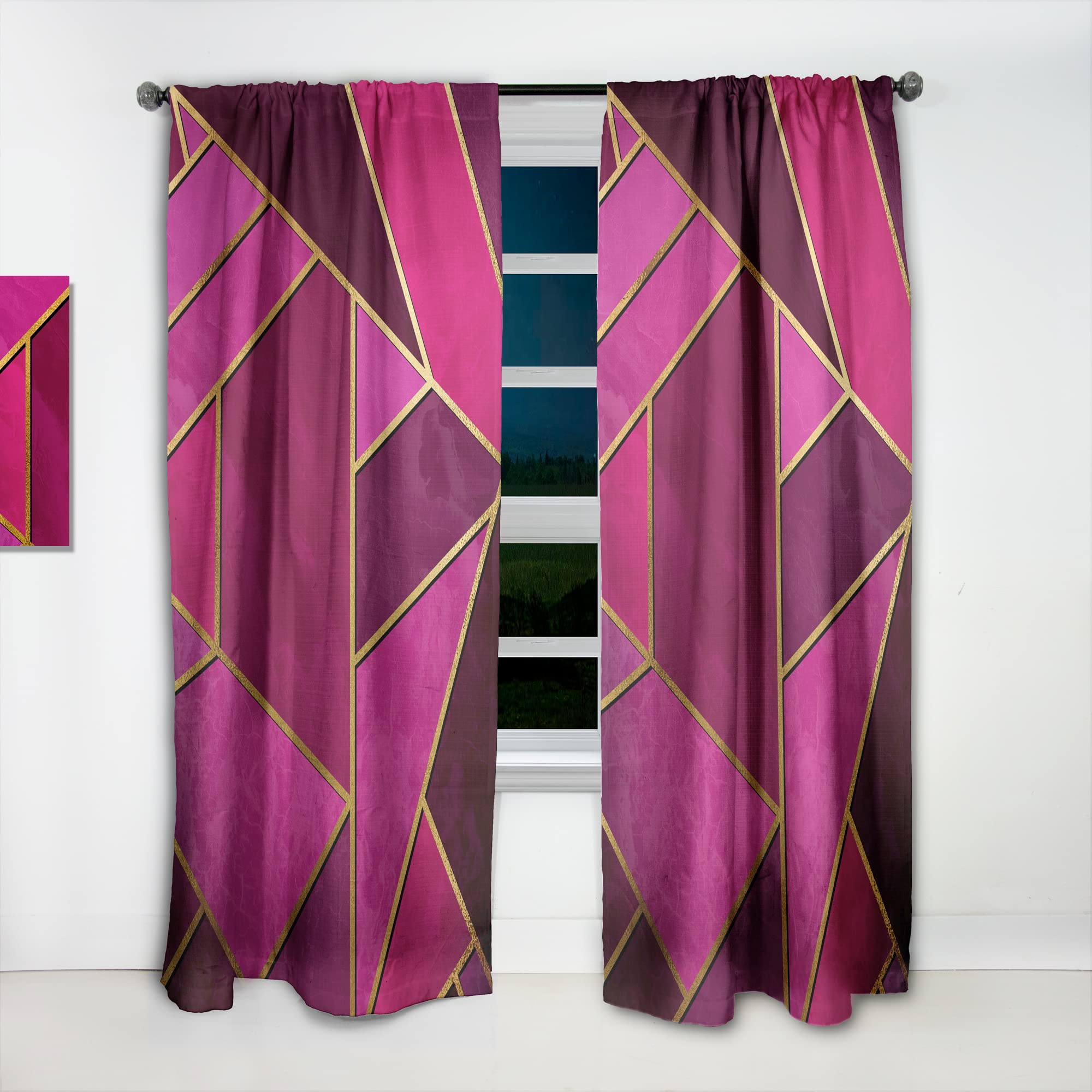 Yellow Geometric Triangle Pink Curtains - Thermal Insulated Single Panel 52x90 Inches - Bedroom & Living Room Window Drapes for Modern Home Decor