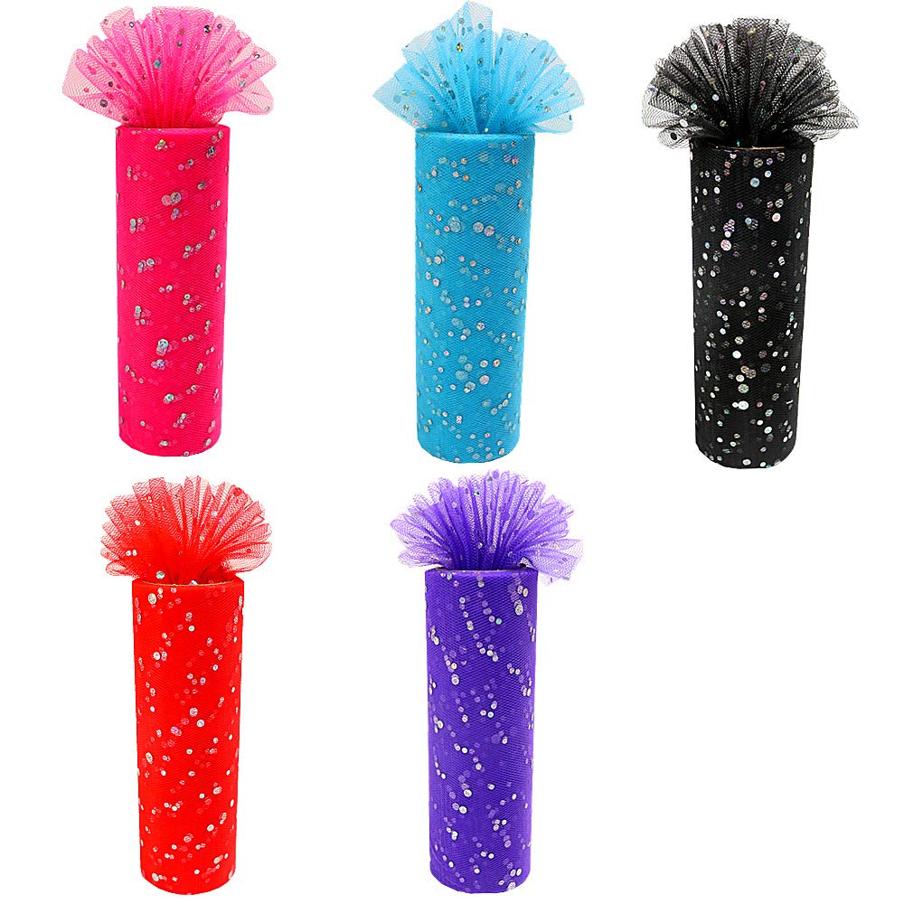 Laser Sequin Glitter Tulle Fabric Rolls - 6 Inch x 10 Yards (30 Feet) - Dark Pink Tulle Ribbon for Wedding Decor, Table Runners, Chair Sashes, DIY Tutu Skirts, Unicorn Party Decorations, Birthday Gifts & Crafting Supplies - Perfect for Sewing, Costumes and Special Events