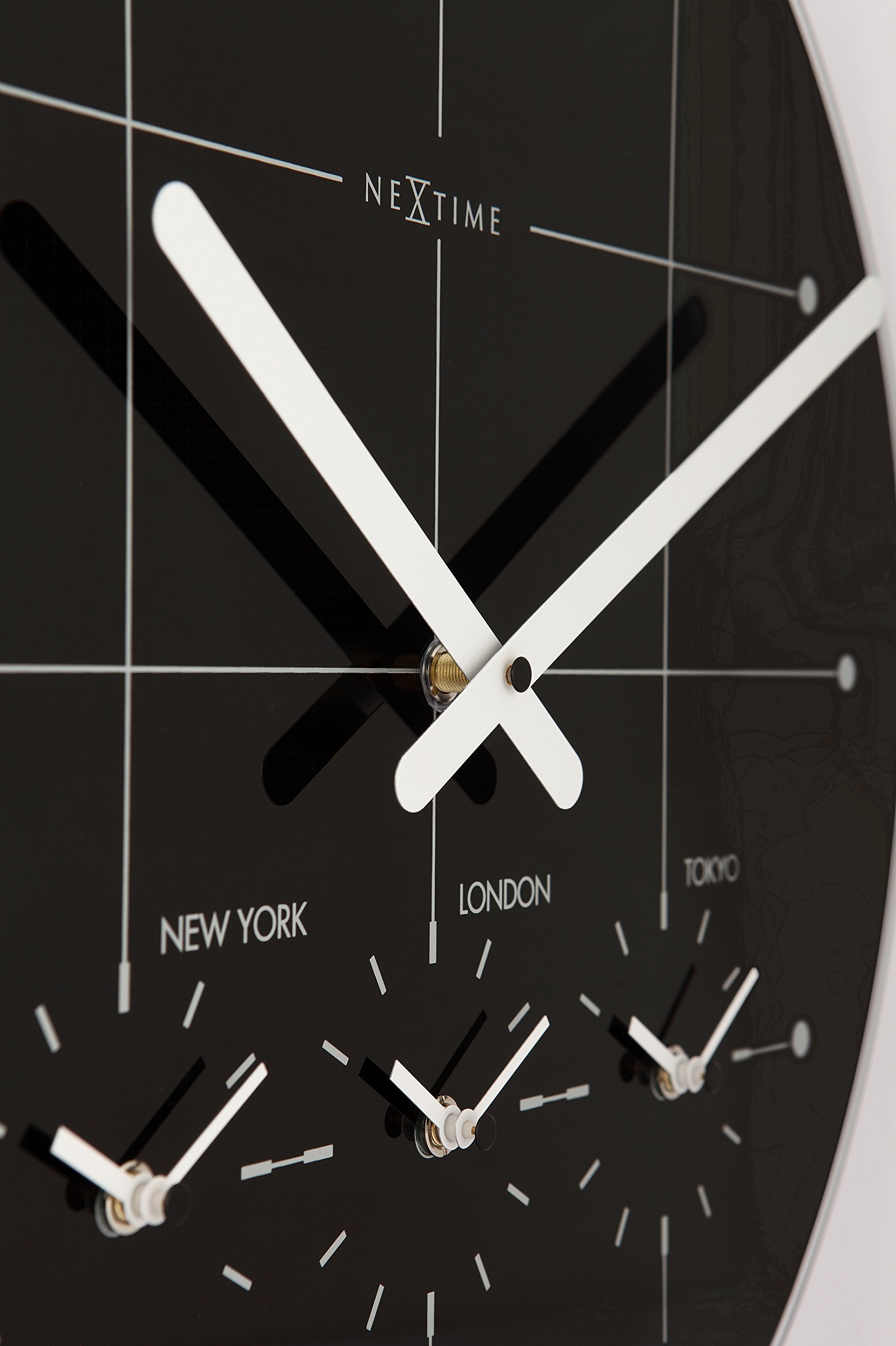 Unek Goods NeXtime 16.9 Inch Large Round Wall Clock - Black with White Hands, Glass Cover, 4 Time Zones Display, Battery Operated - Perfect for Office, Living Room, Bedroom & Home Decor