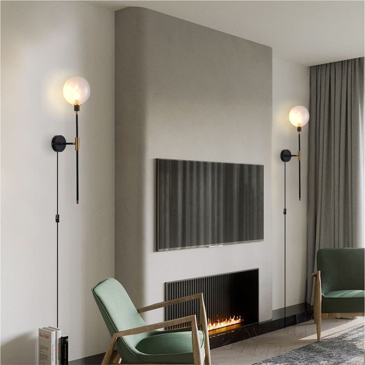 KCO 1-Light Plug in Wall Sconce with On/Off Switch - Black Modern Wall Mounted Light Fixture with Long Arm & Glass Globe Shade - Bedroom, Living Room, Kitchen, Hallway Lighting (Clear, 2-Pack) - Perfect for Ambient Lighting & Home Decor