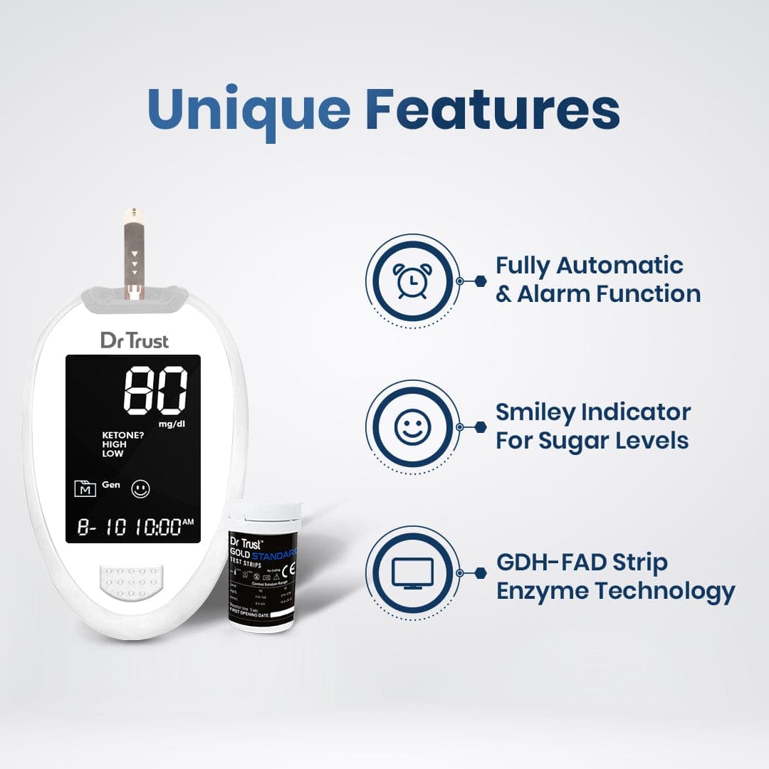 Dr Trust USA Gold Standard Glucometer - Accurate Blood Sugar Testing Monitor with 60 Test Strips (White) - Ideal for Diabetes Management at Home & Travel