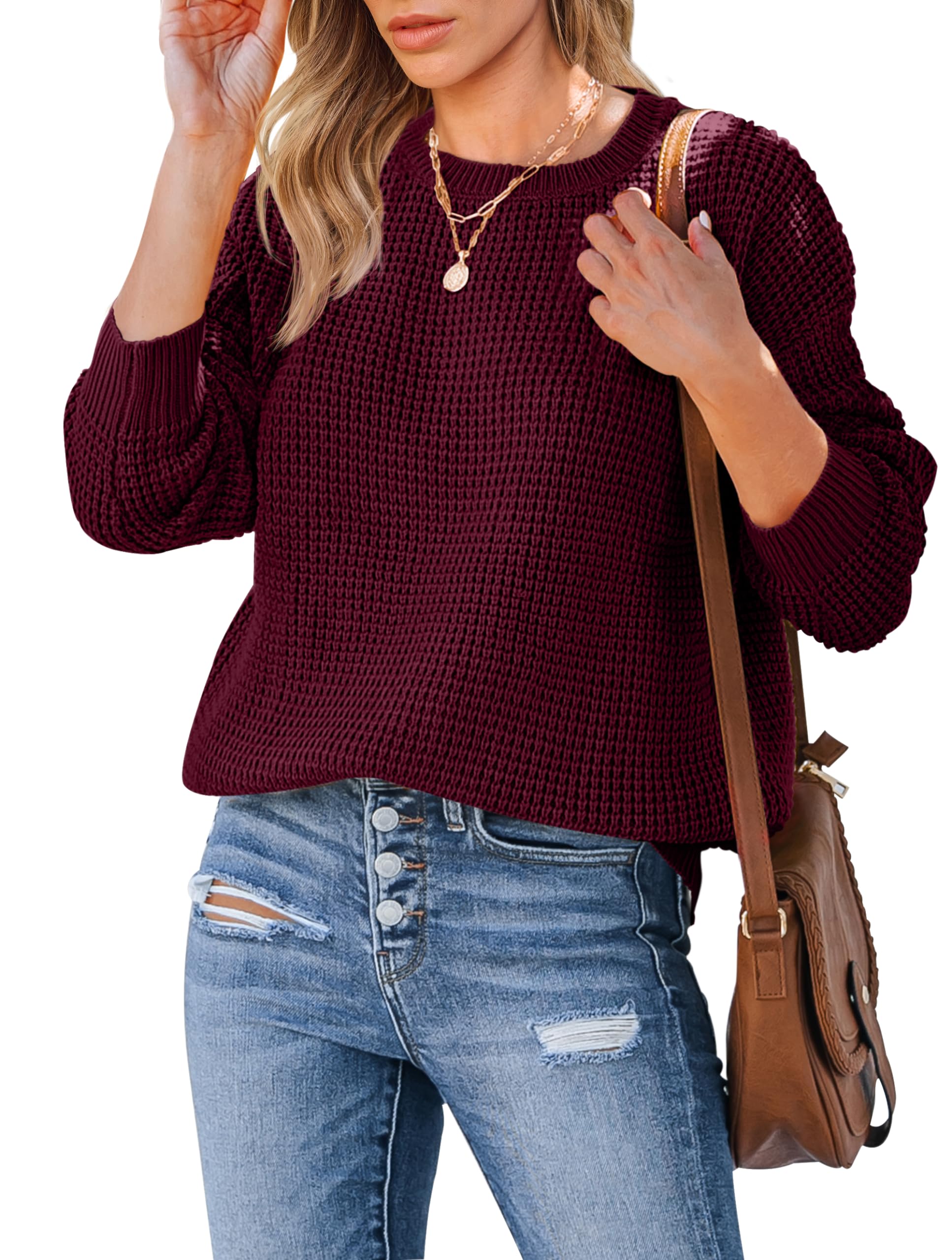 MEROKEETY Women's 2024 Long Sleeve Waffle Knit Sweater - Crew Neck Solid Color Pullover Jumper Tops for Fall & Winter | Casual Office Wear, Coffee Dates & Cozy Layering