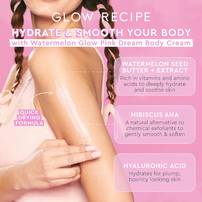 Glow Recipe Watermelon Glow AHA Pink Dream Body Cream - Hydrating & Exfoliating for Smooth, Glowing Skin - Perfect for Daily Moisturizing & Nighttime Skincare Routine