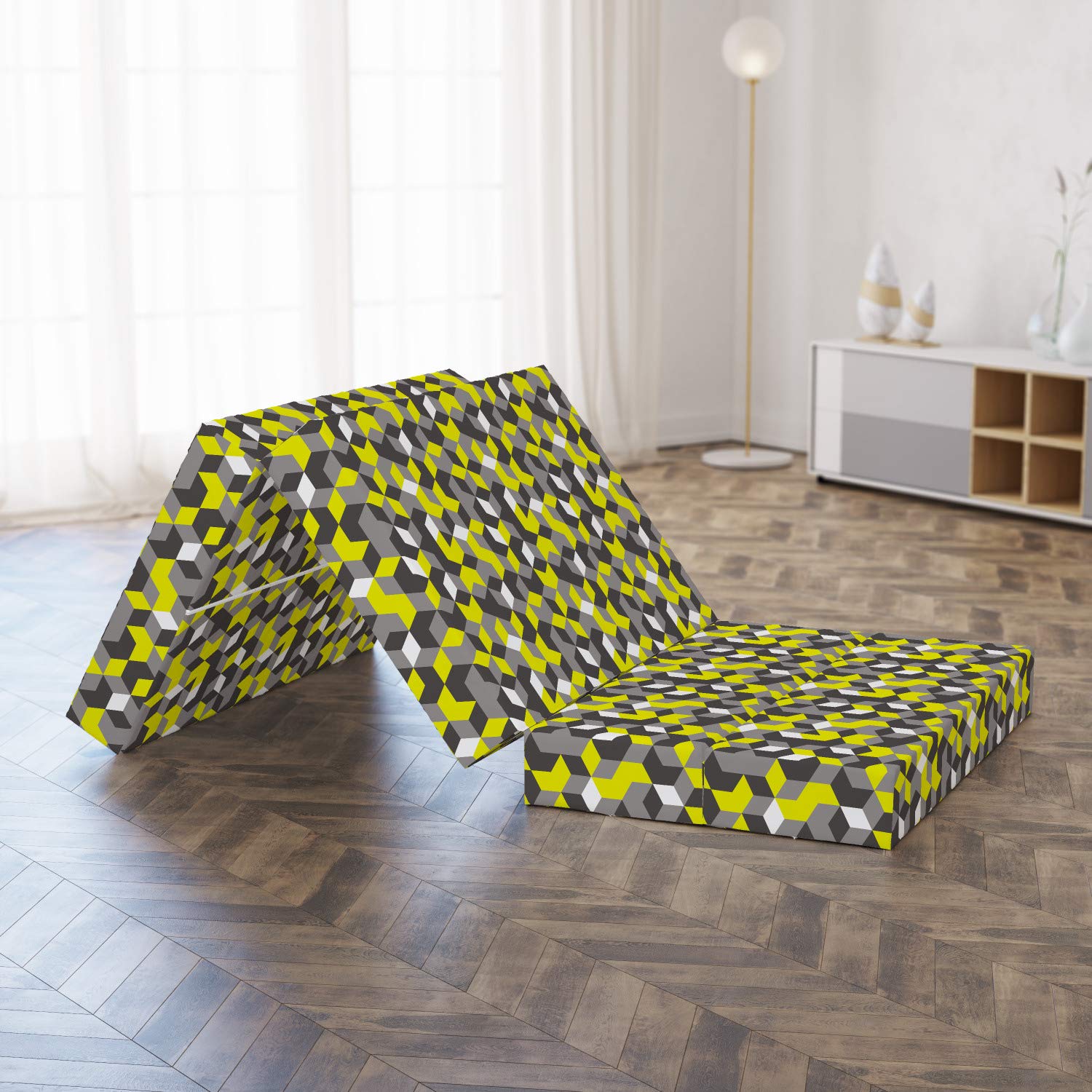Ambesonne Mustard Yellow Foldable Mattress - Modern Box Cube Design, 74.8