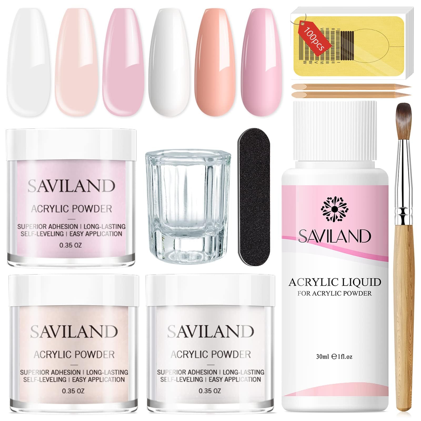 Saviland Complete Acrylic Nail Kit with Super Fine Clear Pink Nude Powder, Acrylic Liquid, Brush, Stencil & Glass - Professional Salon Quality DIY Nail Art Set for Home Manicures & Nail Extensions
